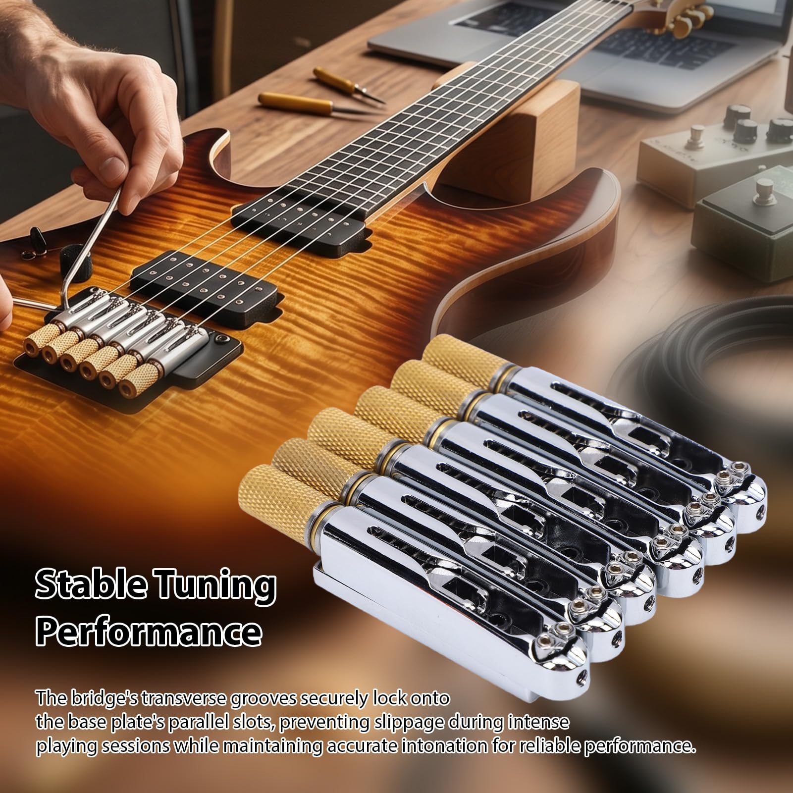 Generic Puente de Guitarra sin Cabeza, 6 Cuerdas, Espaciado de Cuerdas de 10,5 Mm, Reemplazo de Hardware de Afinación de Puente Rígido para Guitarra Eléctrica (SILVER)