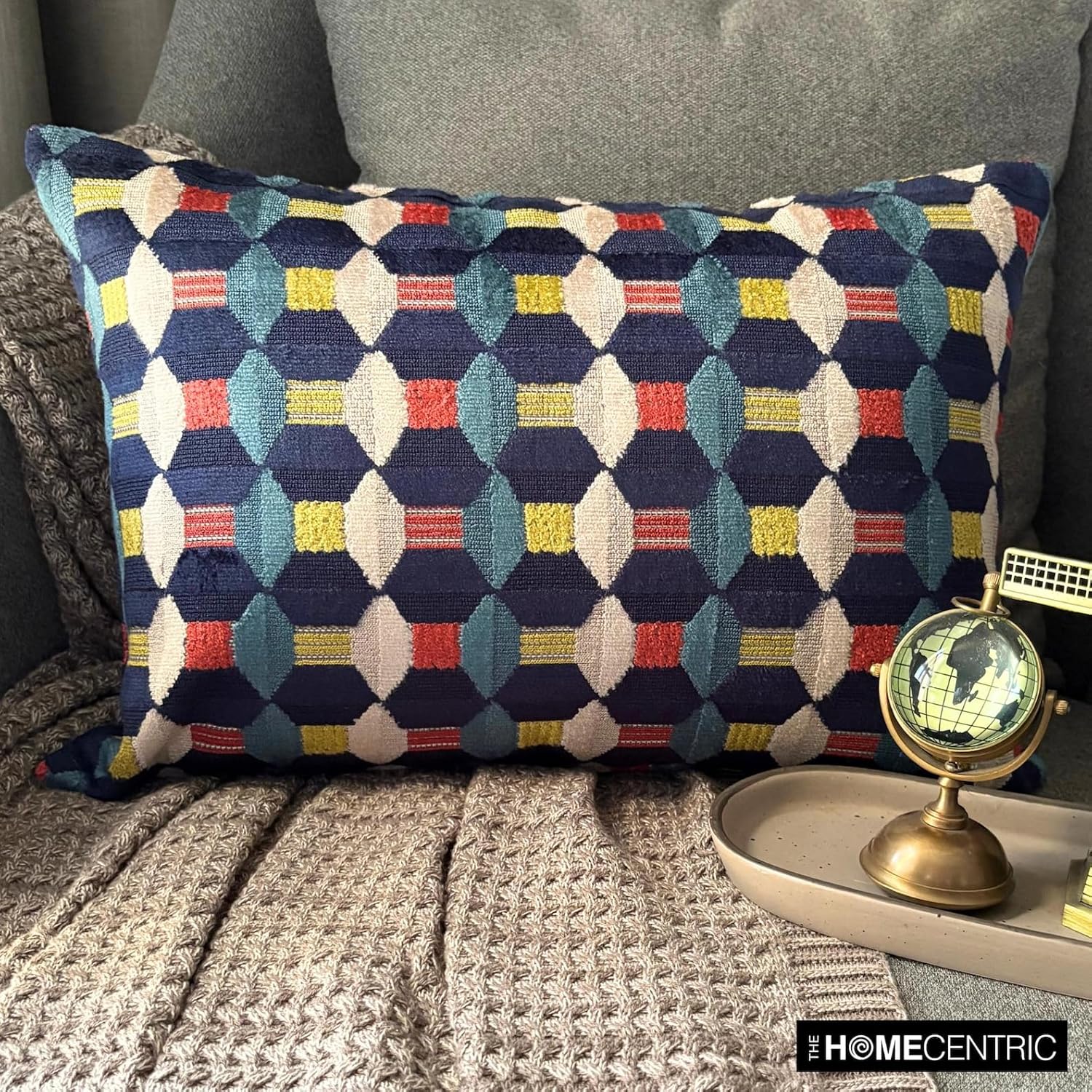 Blue Decorative Lumbar Pillow Cover 12" x 14" | Modern Velvet Oblong Pillow Cover Abstract | Velvet Cut, Beaded Hand Embroidery Pillowcases for Couch / Sofa & Bed, Modern Home Décor - Blue Rhythms