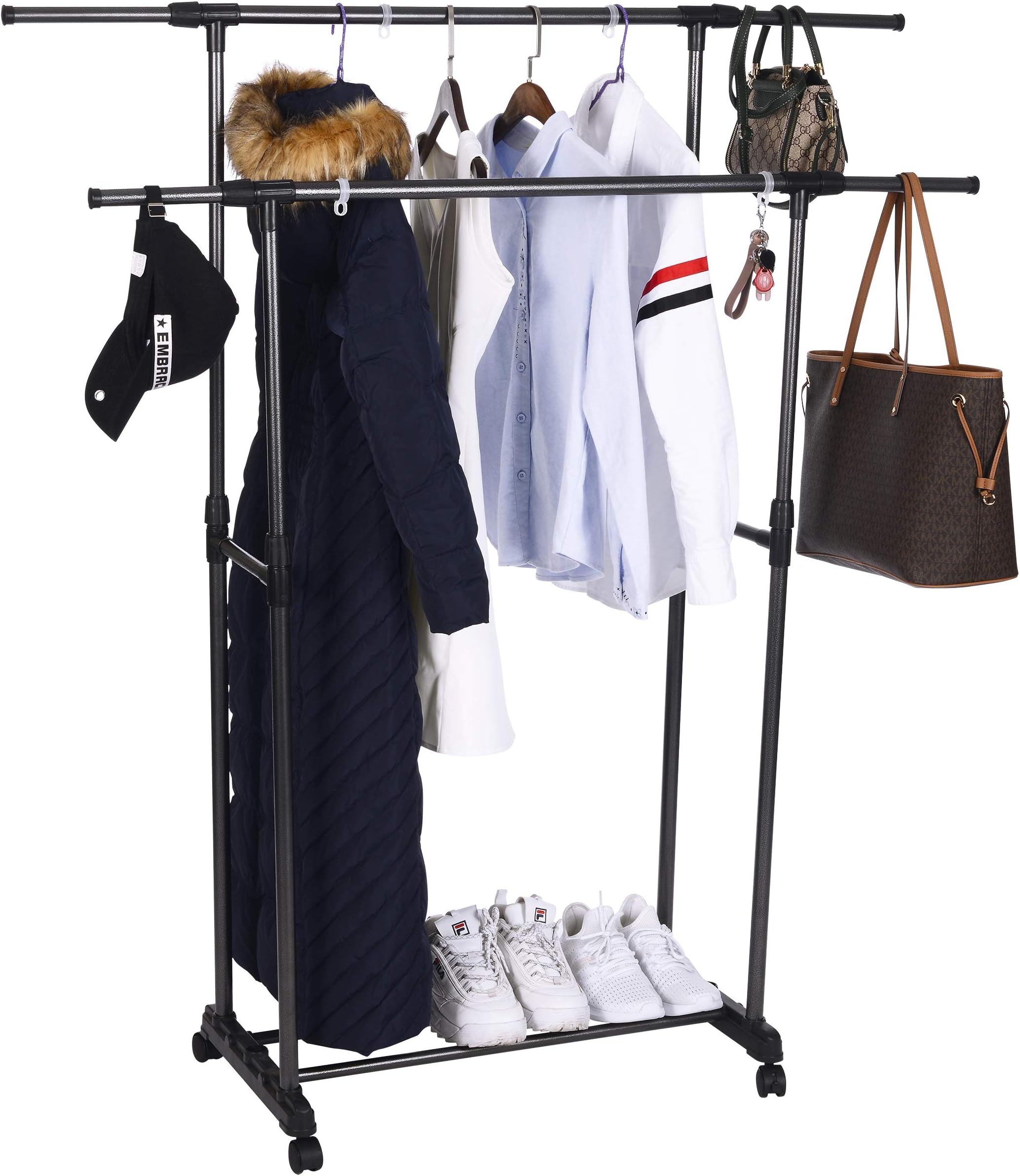 OBOR Clothes Garment Rack with Wheels 2 Tier Double Rods Height Adjustable Extendable Rods Clothing Hanging Drying Rack Organizer
