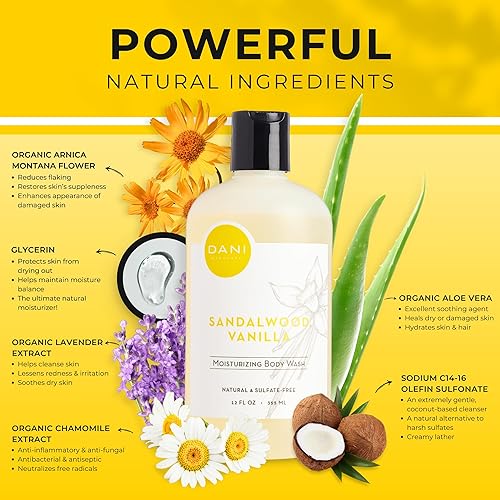 Miniatura 2 de DANI Naturals Gel de ducha sin sulfato ni parabenos, aroma cálido de vainilla y sándalo con aloe vera orgánico y glicerina natural, para hombres y