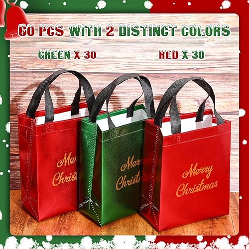 Miniatura 4 de Paterr 60 bolsas de regalo de Navidad brillantes con acabado brillante, no tejidas, reutilizables, holográficas, con asas, bolsas de comestibles
