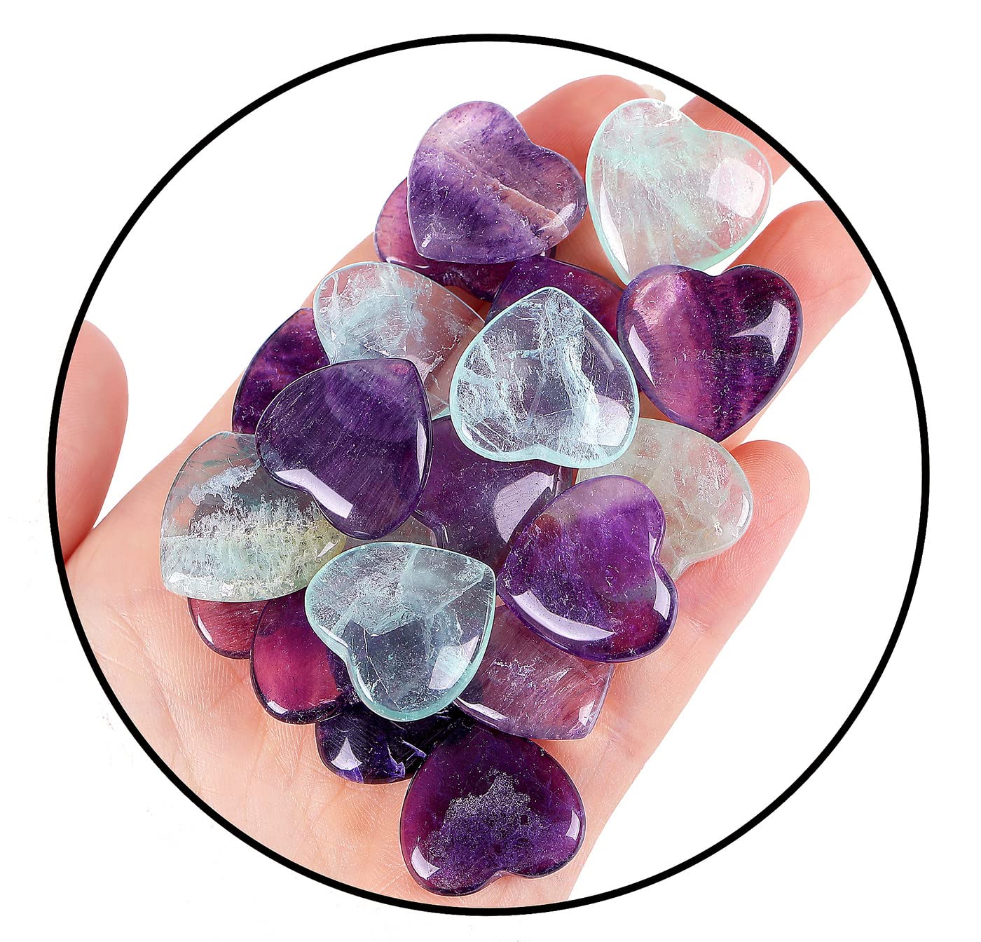 QINJIEJIE20 PCS Fluorite Heart Healing Crystals Natural Polished Crystal Worry Stones Chakra Mini Cute Palm Love Gemstones Set Bulk Wholesale Reiki Energy Balancing Meditation Valentine's Day Gift