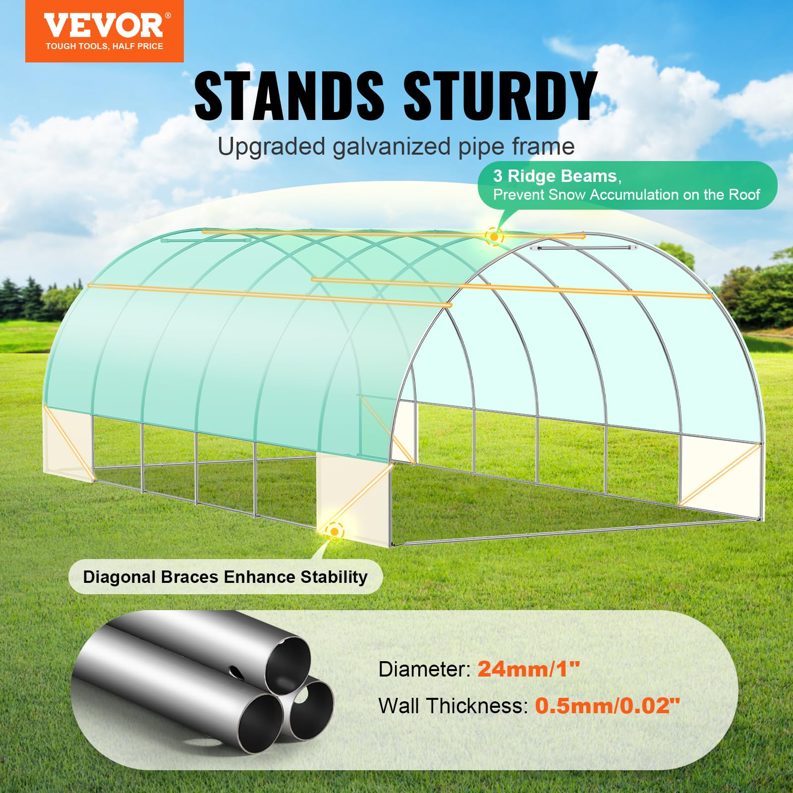 VEVOR Invernadero Túnel 590x295x198 cm Carpa Refugio para Plantas con Estructura de Acero Galvanizado Cubierta de PE Puerta Enrollable con Cremallera 12 Ventanas para Cultivo de Verduras Flores, Verde