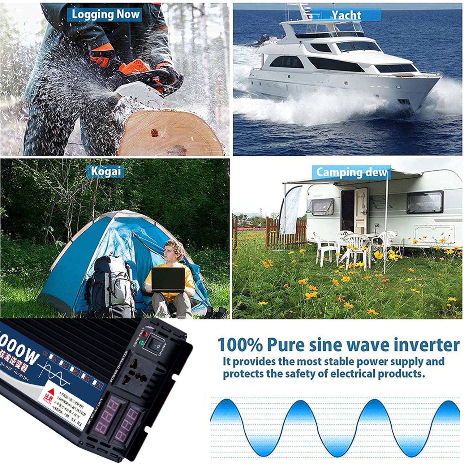 Przetwornice mocy czystej fali sinusoidalnej 3000W 4000W 5000W 12V 24V 48V 60V DC na AC 110V 230V konwerter z gniazdami prądu przemiennego i wyświetlaczem LED do ciężarówki RV,3000W-24V