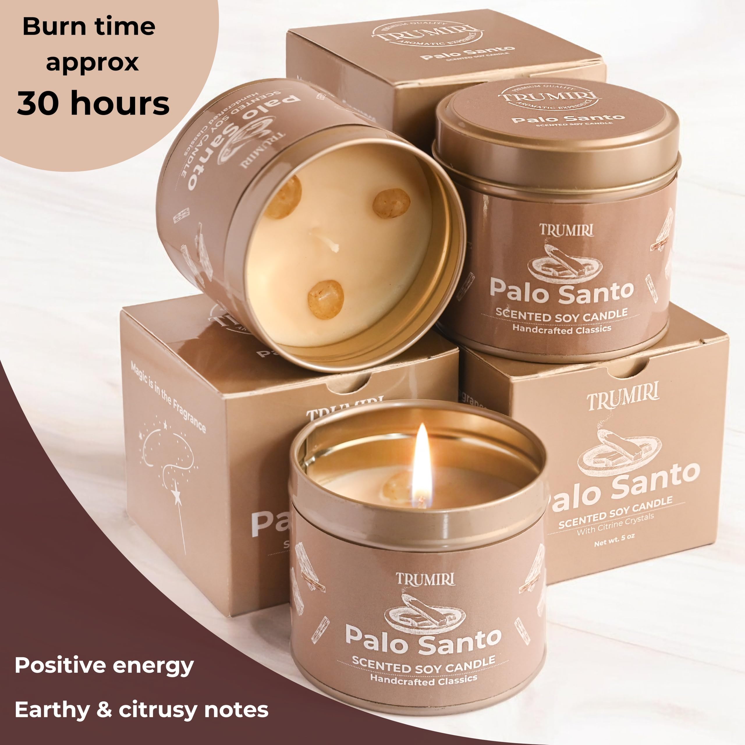 Palo Santo Kerze für Zuhause – stark duftend mit Citrin-Kristallen – Packung mit 3 x 142 g Sojawachs, organisch, ungiftig, für Aromatherapie, Entspannung, Meditation, Raumdekoration für Männer,