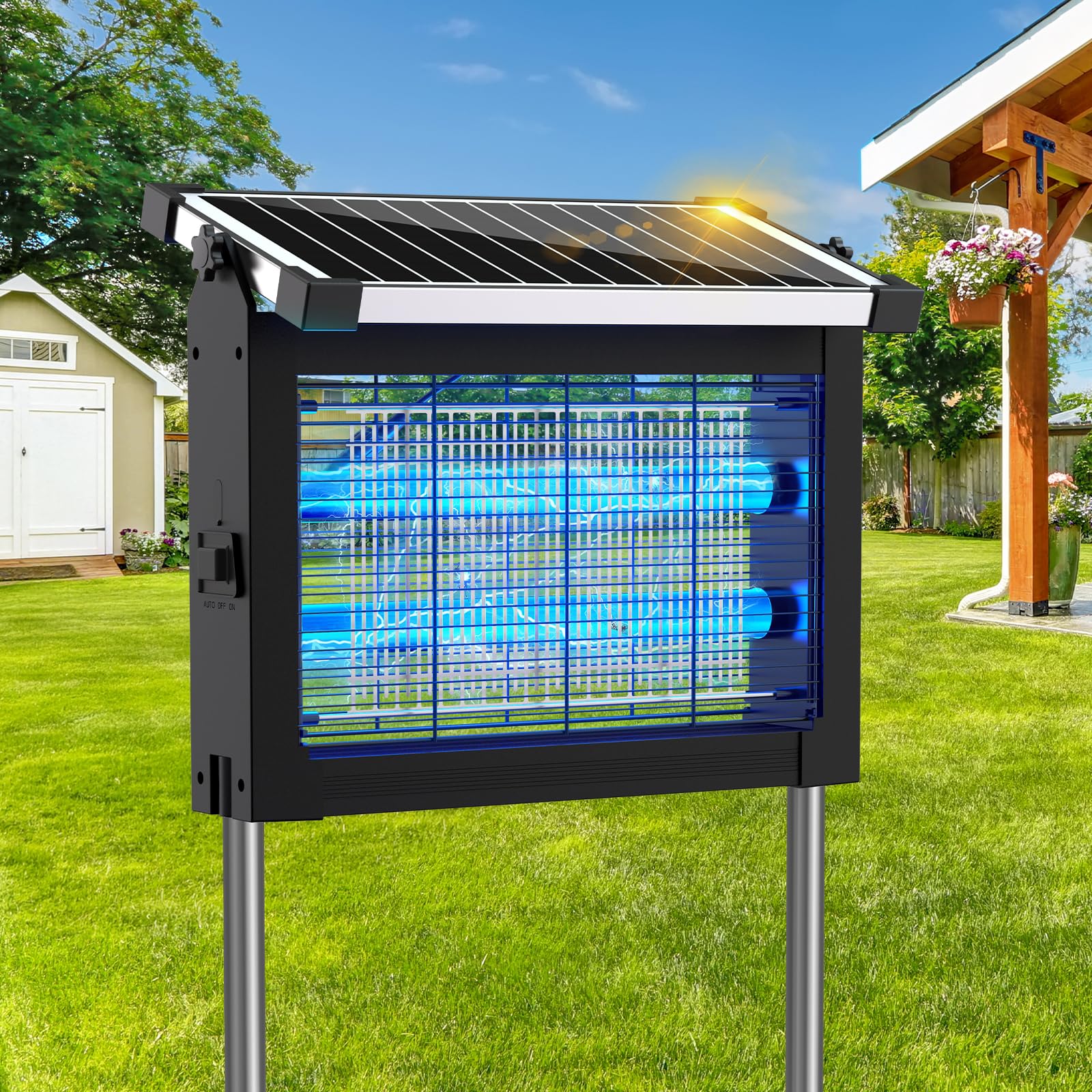 Bug Zapper Outdoor Fly Zapper, Solar Mückenlampe Elektrischer Mückenvernichter mit Panel Sensor, Wasserdicht mit 3M Verlängerungskabel, Ideal für Terrasse, Hinterhof, Camping (Schwarz)