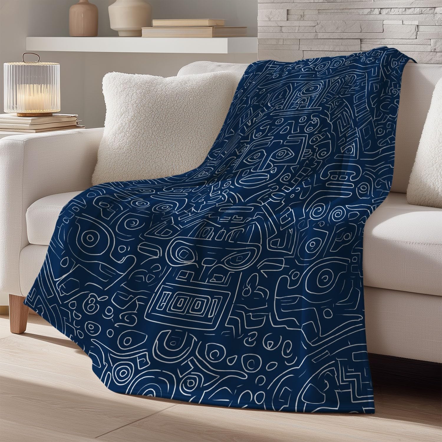 Générique Niebiesko-biały koc flanelowy z tradycyjnym wzorem kultury, symbol symetrii, przytulny koc 180 cm x 200 cm, na łóżko, sofę, wystrój pokoju dziecięcego