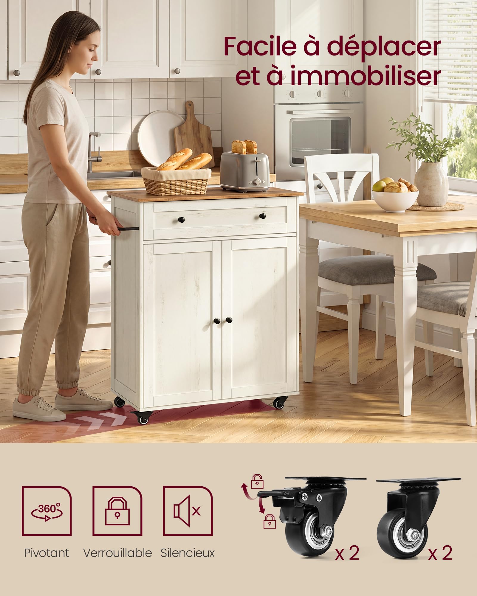 VASAGLE Siren Collection - Desserte Cuisine, Chariot à roulettes, Tiroir, Placard, Îlot de Cuisine, Étagère Réglable, 40 x 78,5 x 89,2 cm, Blanc Rustique et Marron Miel KKI009WJ01