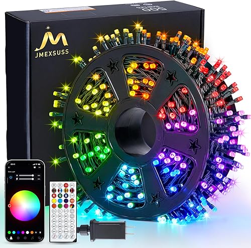 Miniatura 10 de JMEXSUSS 500 luces LED azules de Navidad para exteriores, 173 pies, 8 modos, impermeables, luces de árbol de Navidad, alambre verde, tira de luces