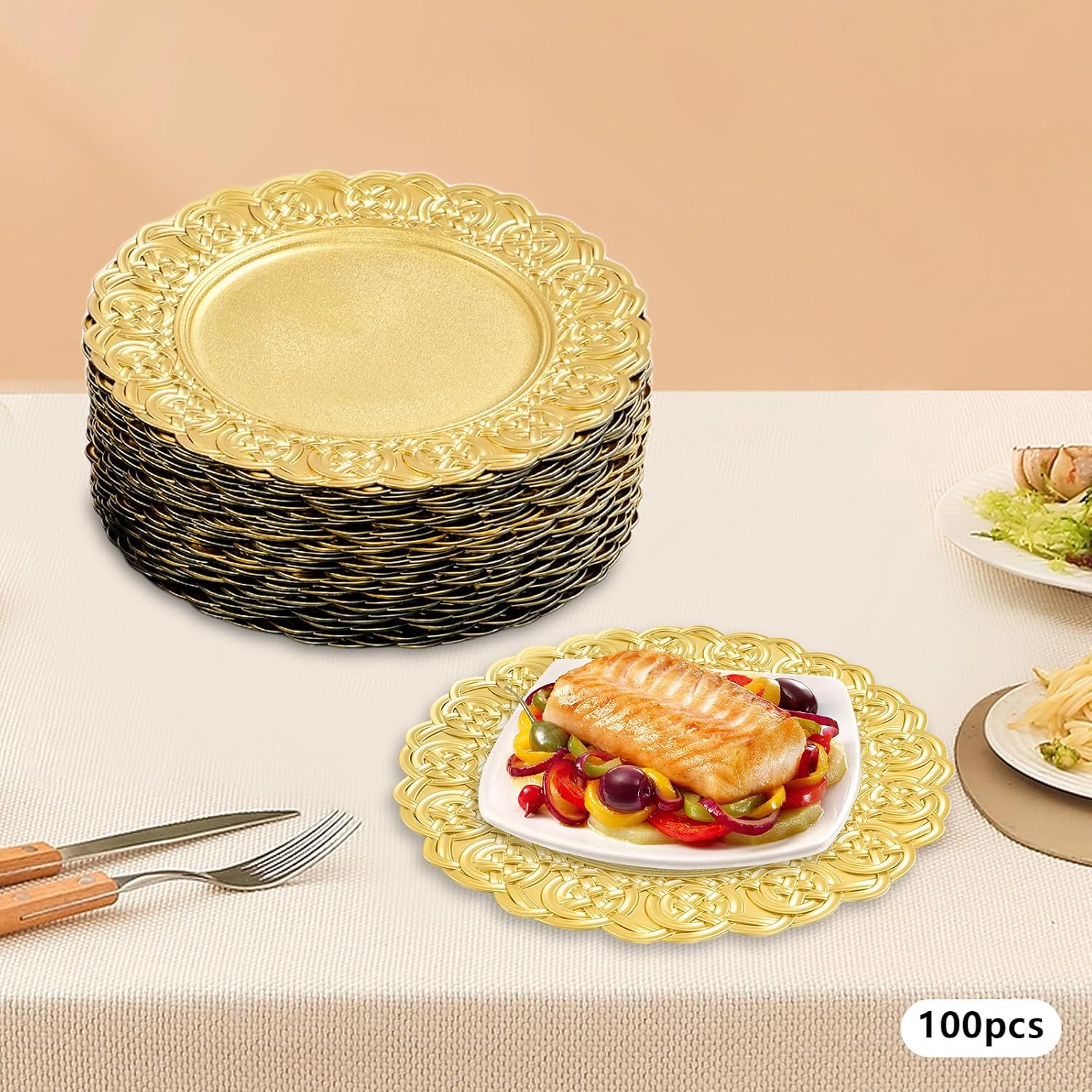 Charger Plates Set of 100Pcs, 13 Inch Reusable Round Chargers for Dinner Plate, Service Plate Bulk for Wedding, Catering, Restaurant Table Setting, Gold Floral
