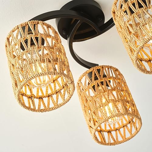 Miniatura 8 de Lámparas de techo de ratán de 14.6 pulgadas, montaje semiempotrado, 3 lámparas de techo boho con pantalla de ratán, lámparas de granja de ratán