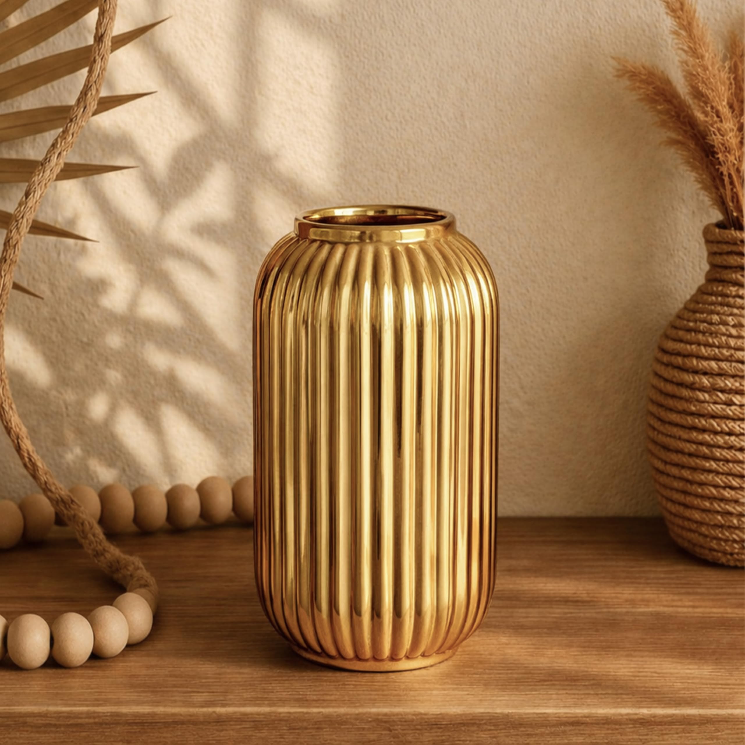 Art Street Modern Ribbed Ceramic Flower Vase | Matte Golden Decorative Boho Vase for Living Room, Bedroom & Office Dcor - (Flower not Included) 5x9 Inch-image-24