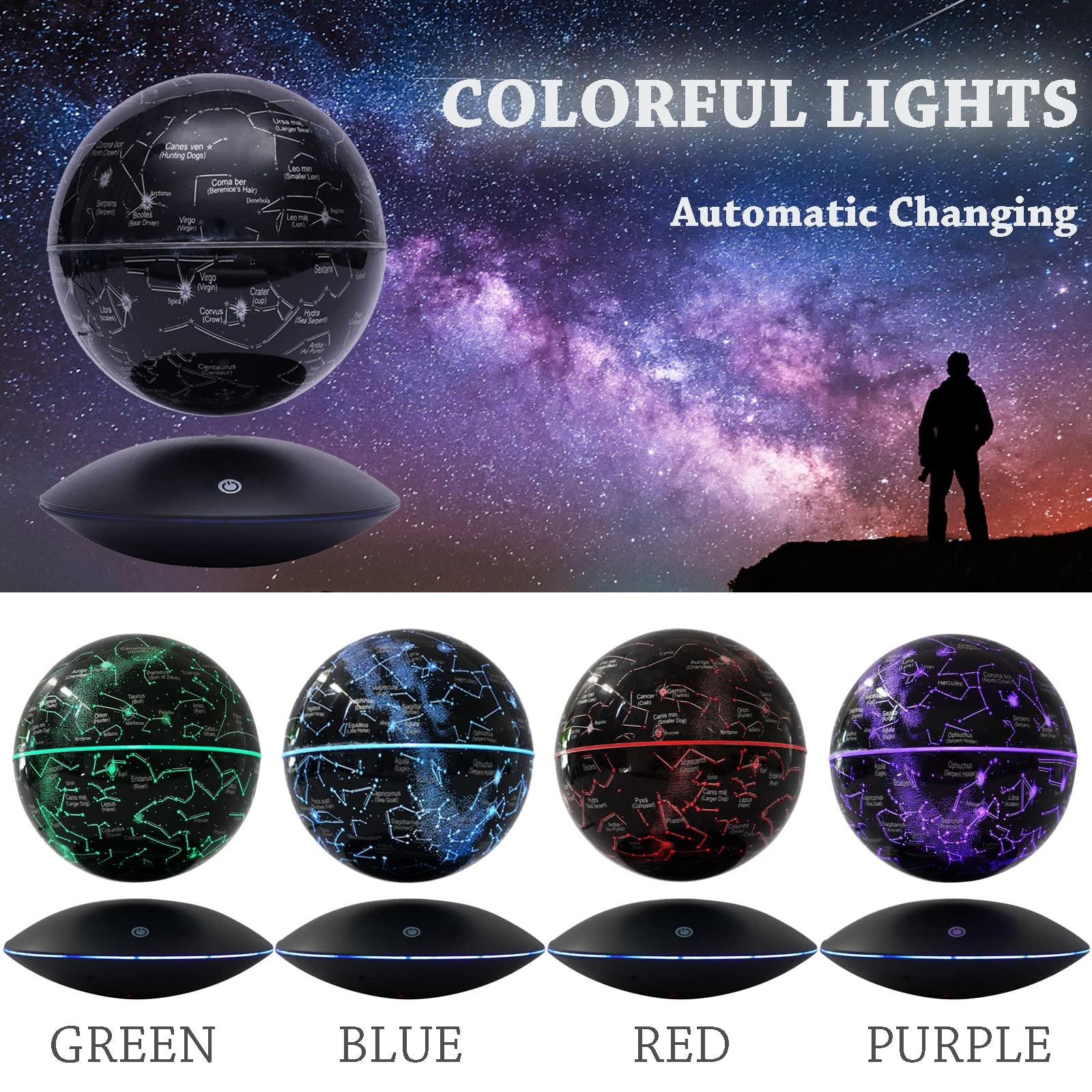 WUPYI Levitating Globe Magnetic Floating Globe Night Light Constellation Ball with LED Light Display Cool Tech Children Educational Gift Home Office Desk Decor