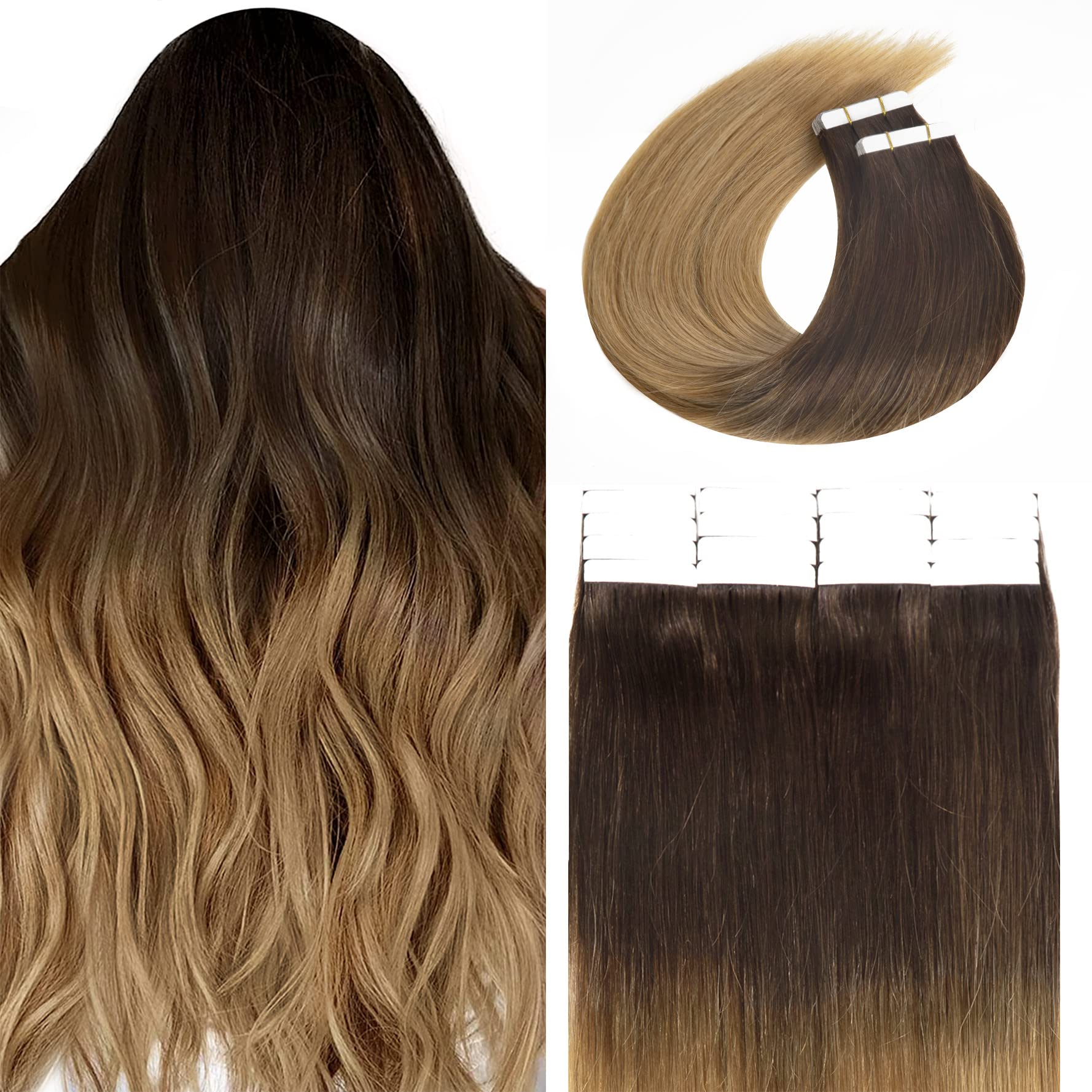 Amazon.com : Lacer Ombre Tape in Hair Extension Human Hair Dark Brown to  Light Golden Brown 50g 20pcs Remy Glam Seamless Tape in Hair Extensions  Skin Weft 14 Inch : Beauty &