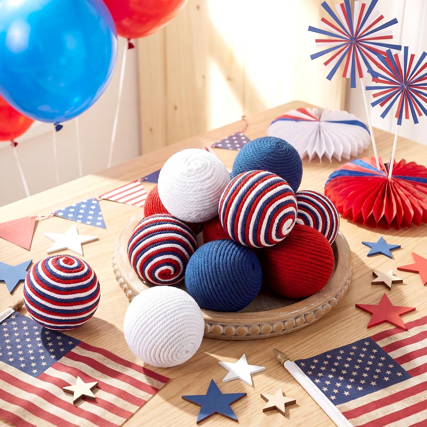 12 Pcs 4th of July Patriotic Decorative Balls, 3.15" Red White Blue Jute Rope Balls for Bowls Vases Orbs Tray Filler Table Centerpieces, Memorial Day 250th Anniversary Independence Day Home Decor