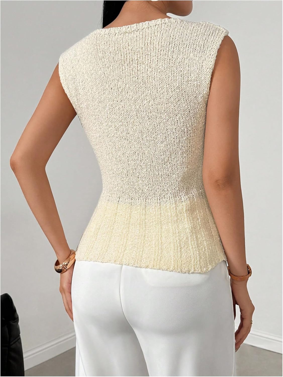MakeMeChic Women's Crochet Sweater Vest Crew Neck Sleeveless Fitted Going Out Pullover Tops - Image 3