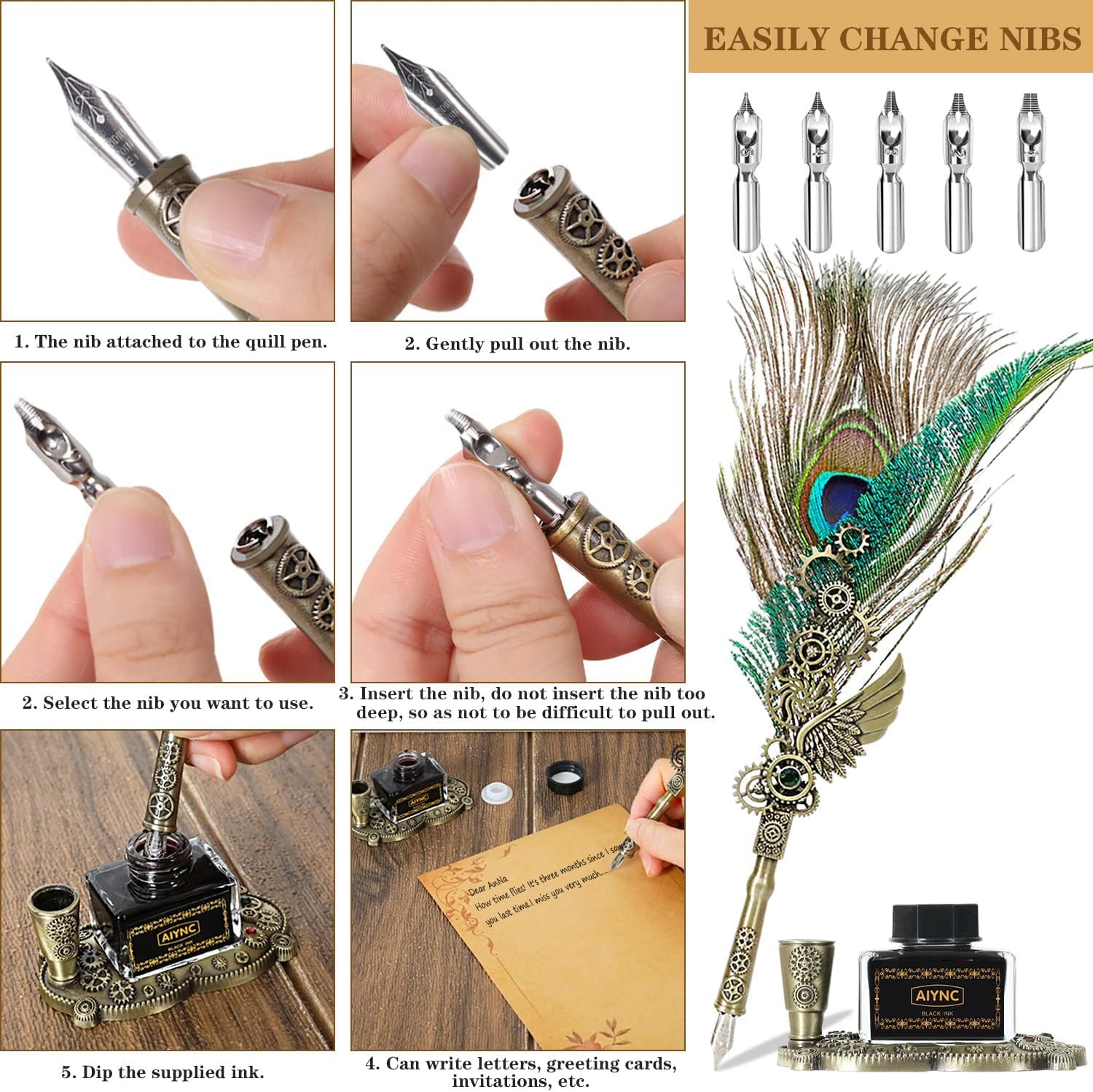 Lot de stylos à plume avec kit de tampon de cire pour ordinateur portable, kit de calligraphie, cadeau de calligraphie idéal pour les vacances (plume de paon)