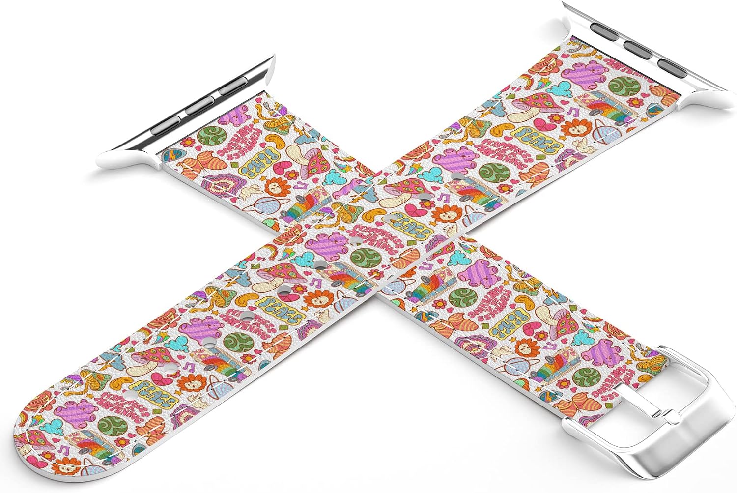 Wrist Band Compatible for Apple Watch Series 7/6/5/4/3/2/1/SE & Matching Phone Case 60s Retro Print Replacement Strap 38-40-42-44 mm Bracelet Indie Peace Hippie Groovy Flowers PU Leather image 3