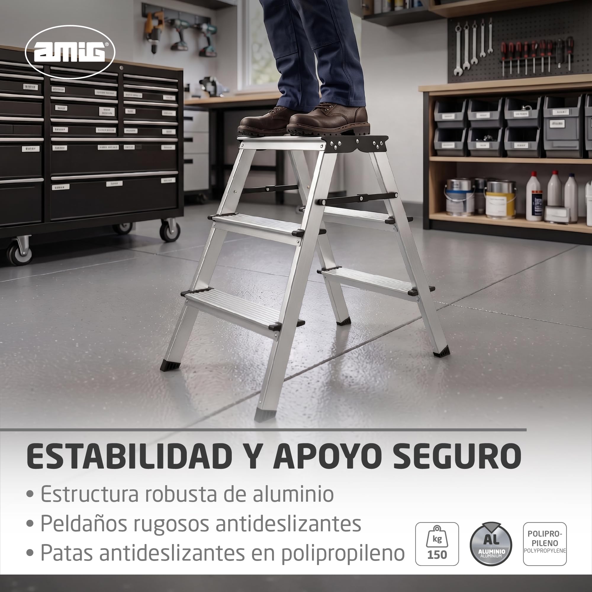 Amig Taburete Plegable 3 Peldaños Aluminio 57x60x36 cm | Ligero y fácil de transportar. Peldaños antideslizantes y plegado compacto.