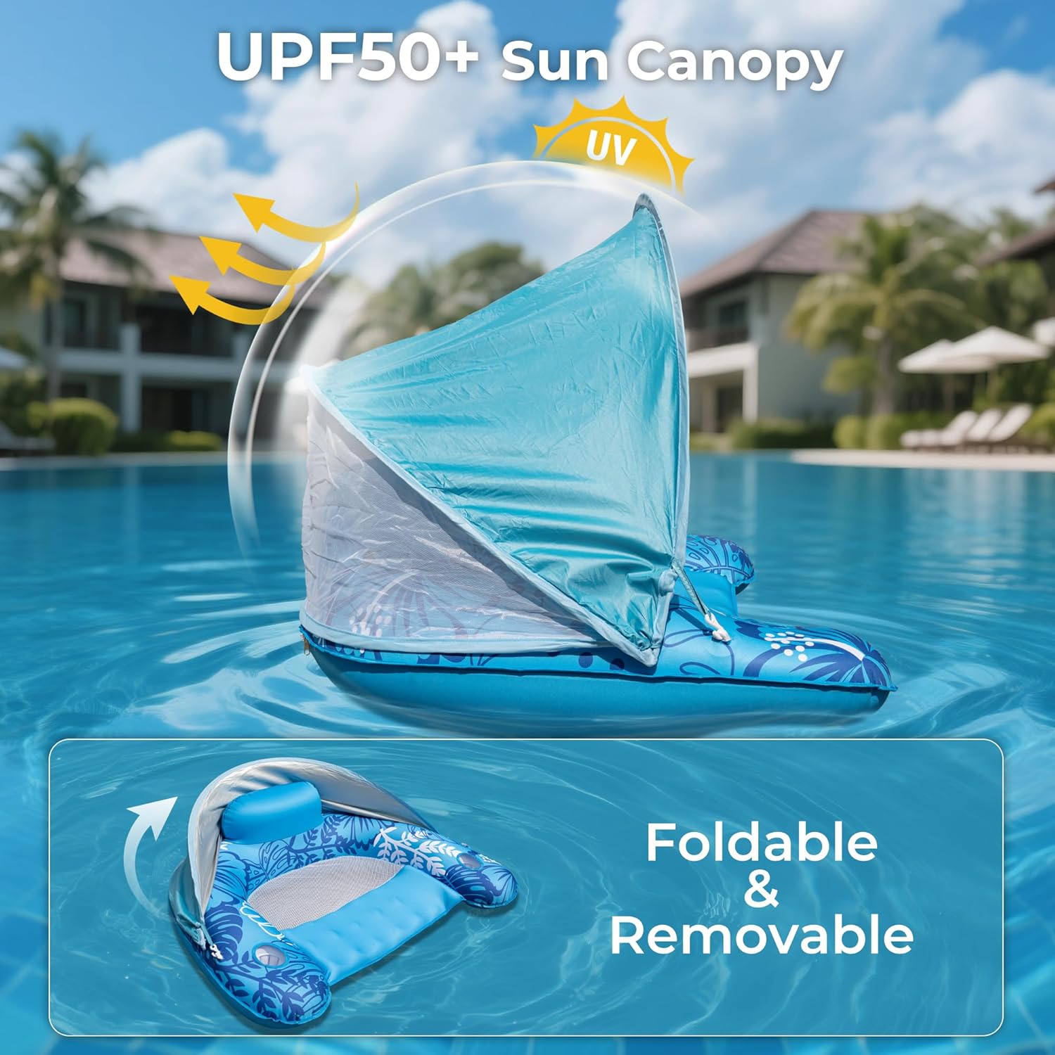 Inflatable Fabric Covered Pool Float Adult with UPF50+ Sunshade Canopy & Cup Holders,Large Water Lounger Float Recliner Chair for Pool Party Lake Beach-Blue