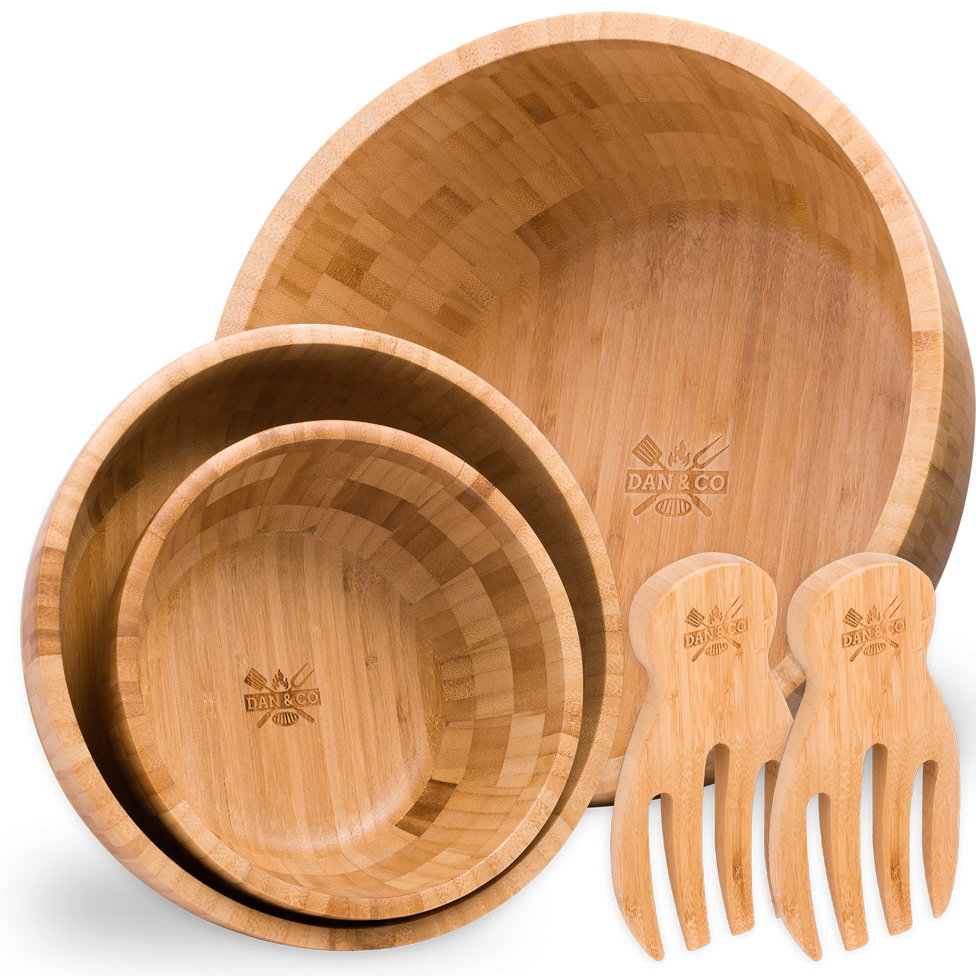 Dan&Co 5 Pc Bamboo Salad Bowl and Servers Set, 3 Large Wooden Bowls and 2 Salad Servers, Stylish Nest for Serving Pasta, Snacks, Fruit, Decorative - UK Brand