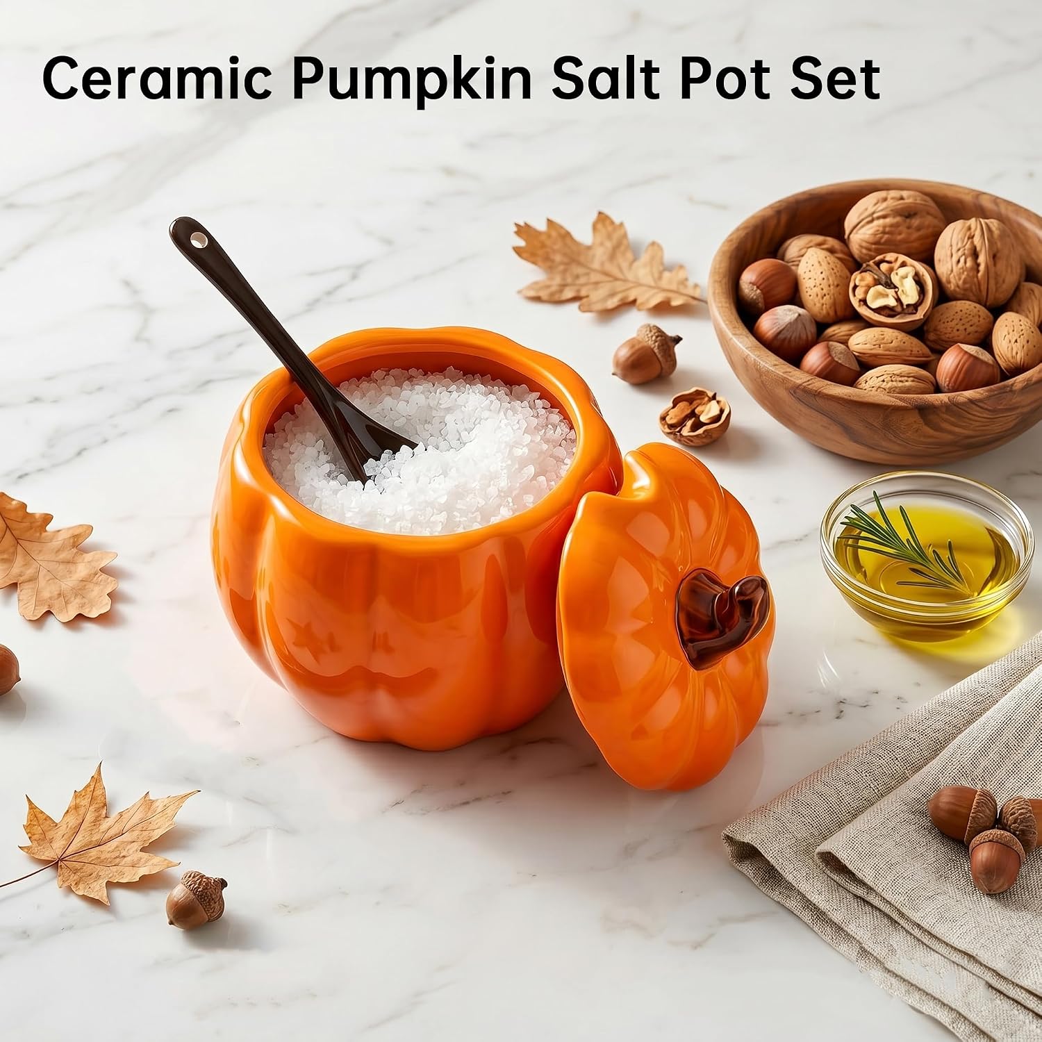 Caliamary Ceramic Salt Cellar with Lid and Spoon - 13.5 Oz Cute Pumpkin Shaped Salt Jar, Festive Fall & Halloween Spice Jar for Sugar, Salt, Spice (Pumpkin)