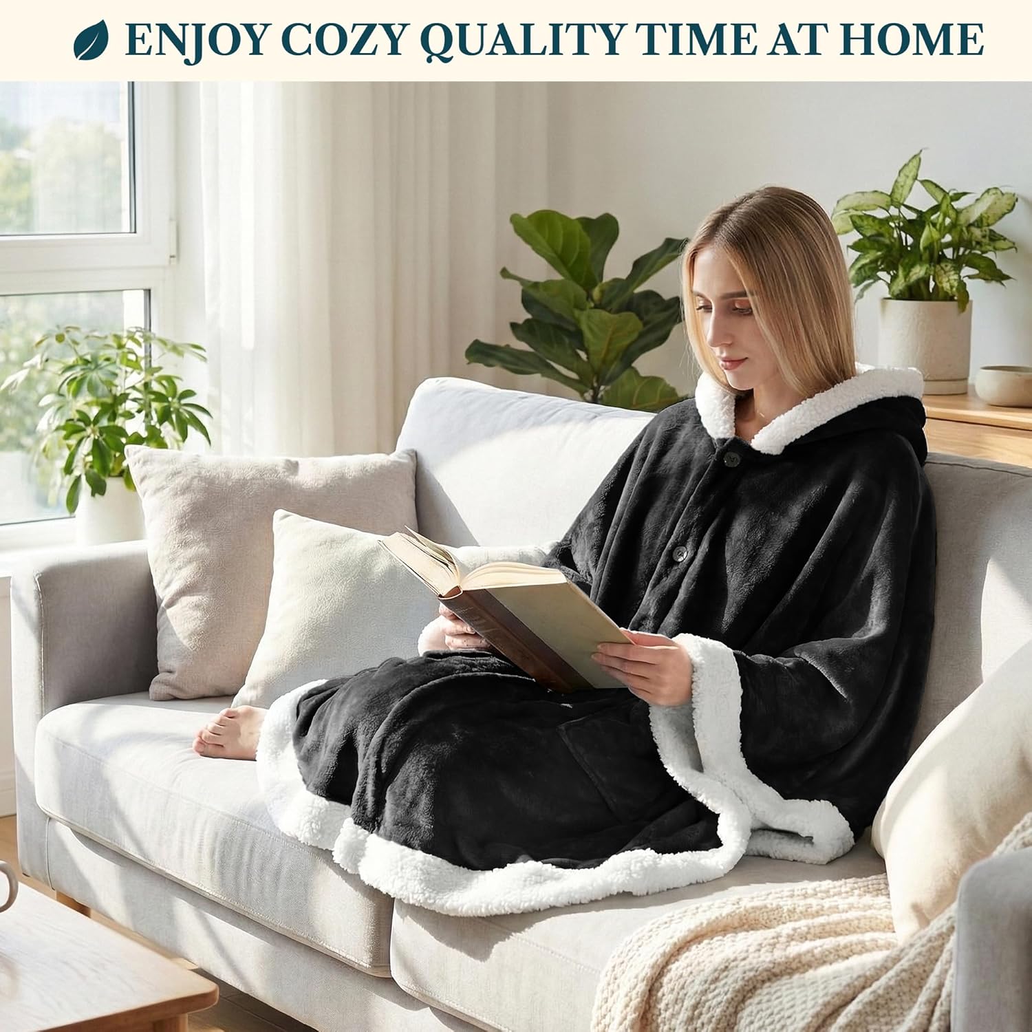 PAVILIA Wearable Blanket for Adult Women, Cozy Plush Fleece Blanket Poncho Cape with Hood, Super Soft Shawl, Angel Wrap Throw for Office, Black - Image 5