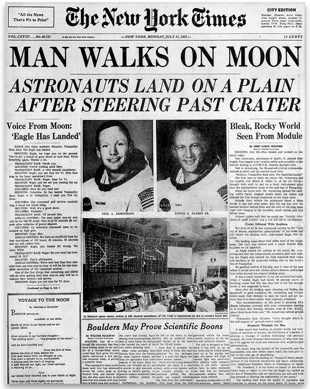 Man Walks on Moon Apollo 11 Newspaper Front Page 18x24 Unframed Print – Vintage NASA Space Exploration Wall Art, Historic Moon Landing Poster for Home, Office, or Study Décor