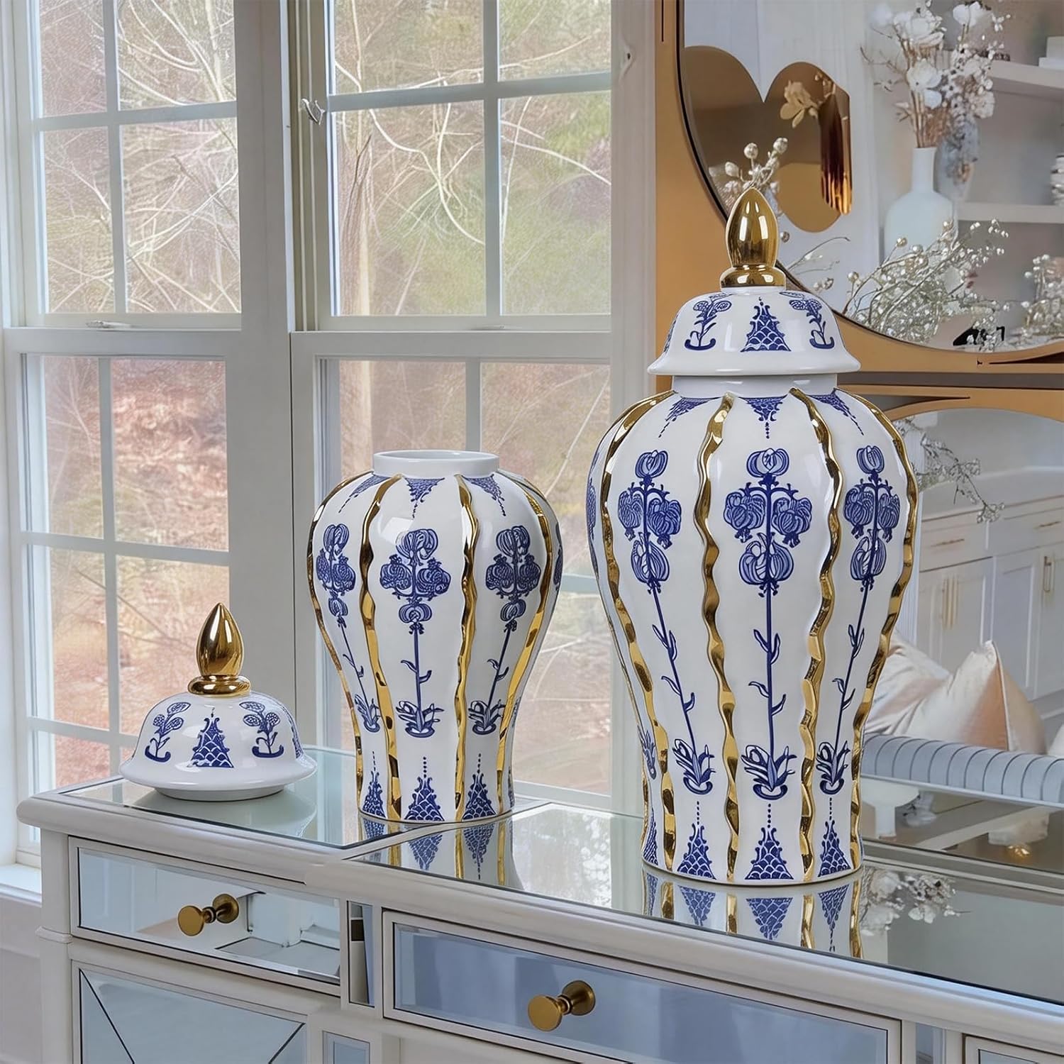 Large Ceramic Vase, Hand-Painted Blue and White Ginger Jar, Luxury Home Decor Jar with Gold Rim, Porcelain Flower Vase for Wedding Centerpiece, Dining Table or Kitchen Countertop,15" H