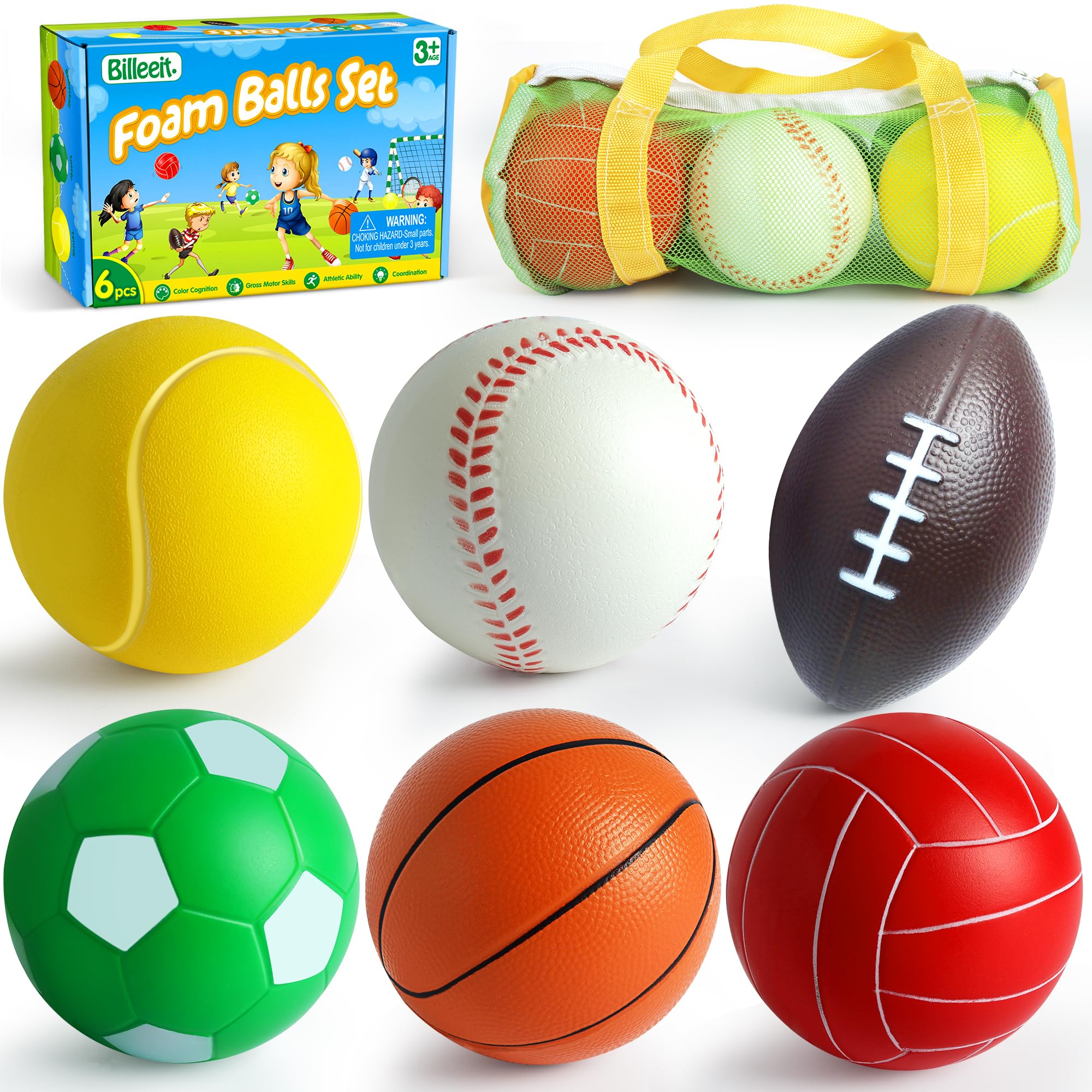Billeeit Juego de Mini Pelotas Deportivas para niños de 1 a 3 años, Bolsa de Deporte para niños, Incluye 1 de Cada uno de 8.9 cm de Espuma de fútbol, Pelota de Tenis, Baloncesto, fútbol, béisbol