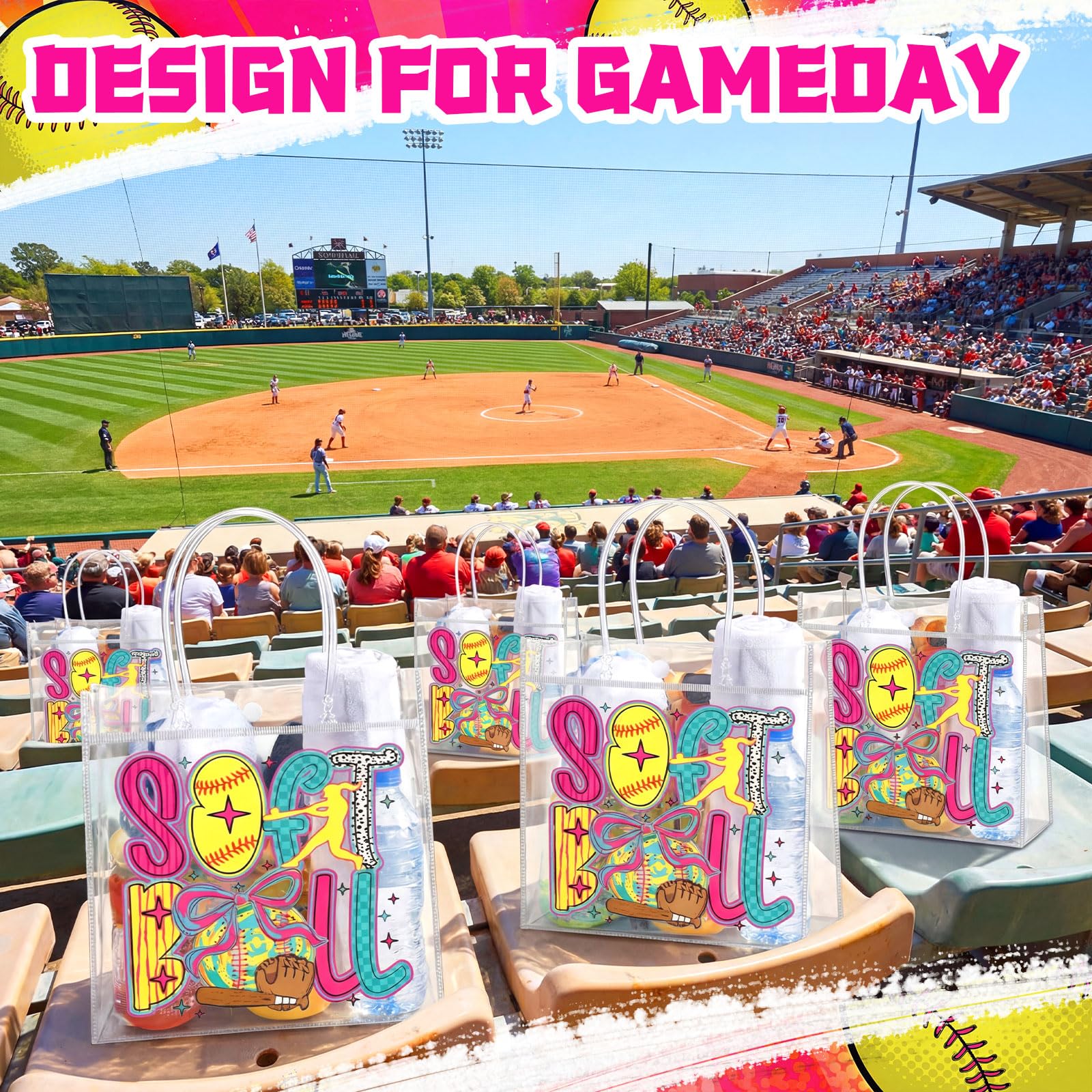 20 Pcs Coquette Softball Goodie Bags with Handles Bow Glitter Preppy Reusable Sports Treat Bags for Candy Birthday Party Supplies 8 x 8 x 3.15''(Softball)