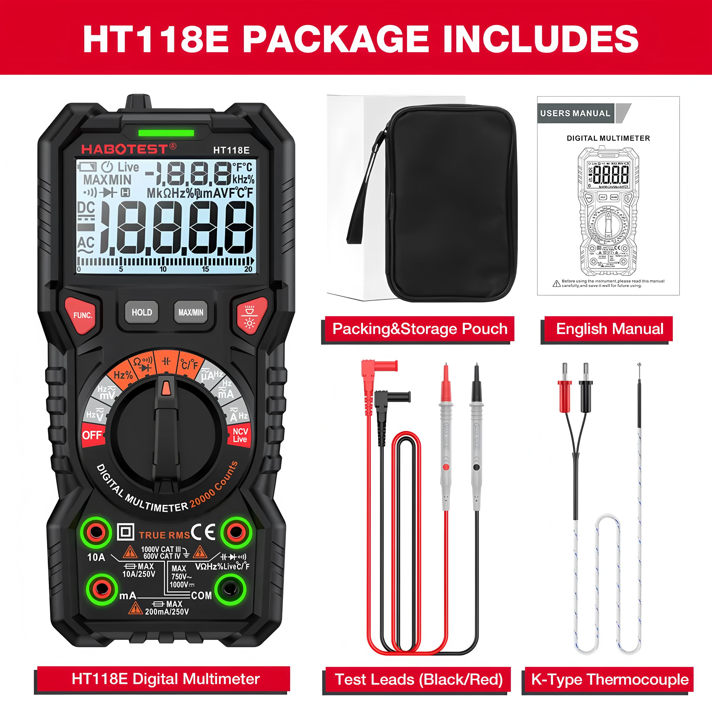 Multimetro Digitale HT118E True RMS 1000V AC/DC 6000 Conti Voltmetro Range Automatico NCV Hz Diodo ohm Tester Multimetro (HT118E)