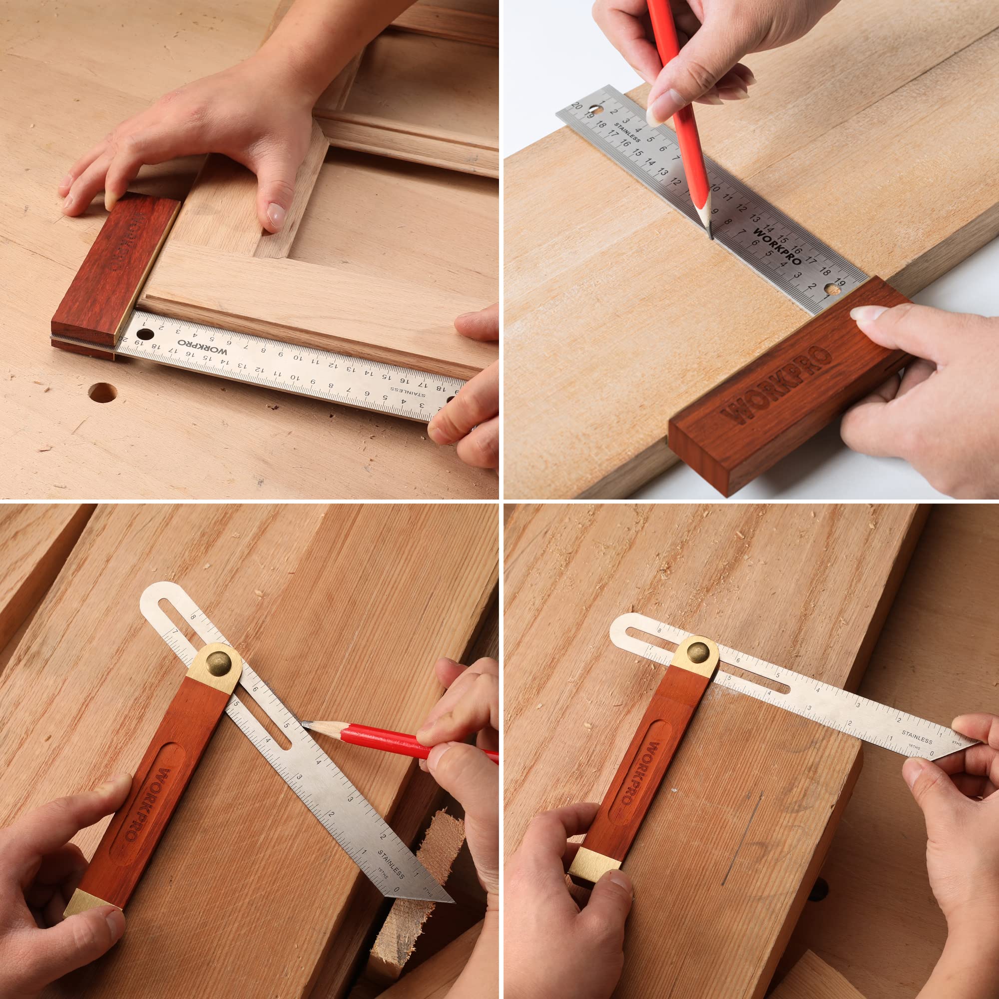 WORKPRO Schreinerwinkel, 2-teilig, Anschlagwinkel, 200 mm, verstellbare Gleitschräge 230 mm, Hartholzgriff, Edelstahlklinge für Handwerker, Holzbearbeitung