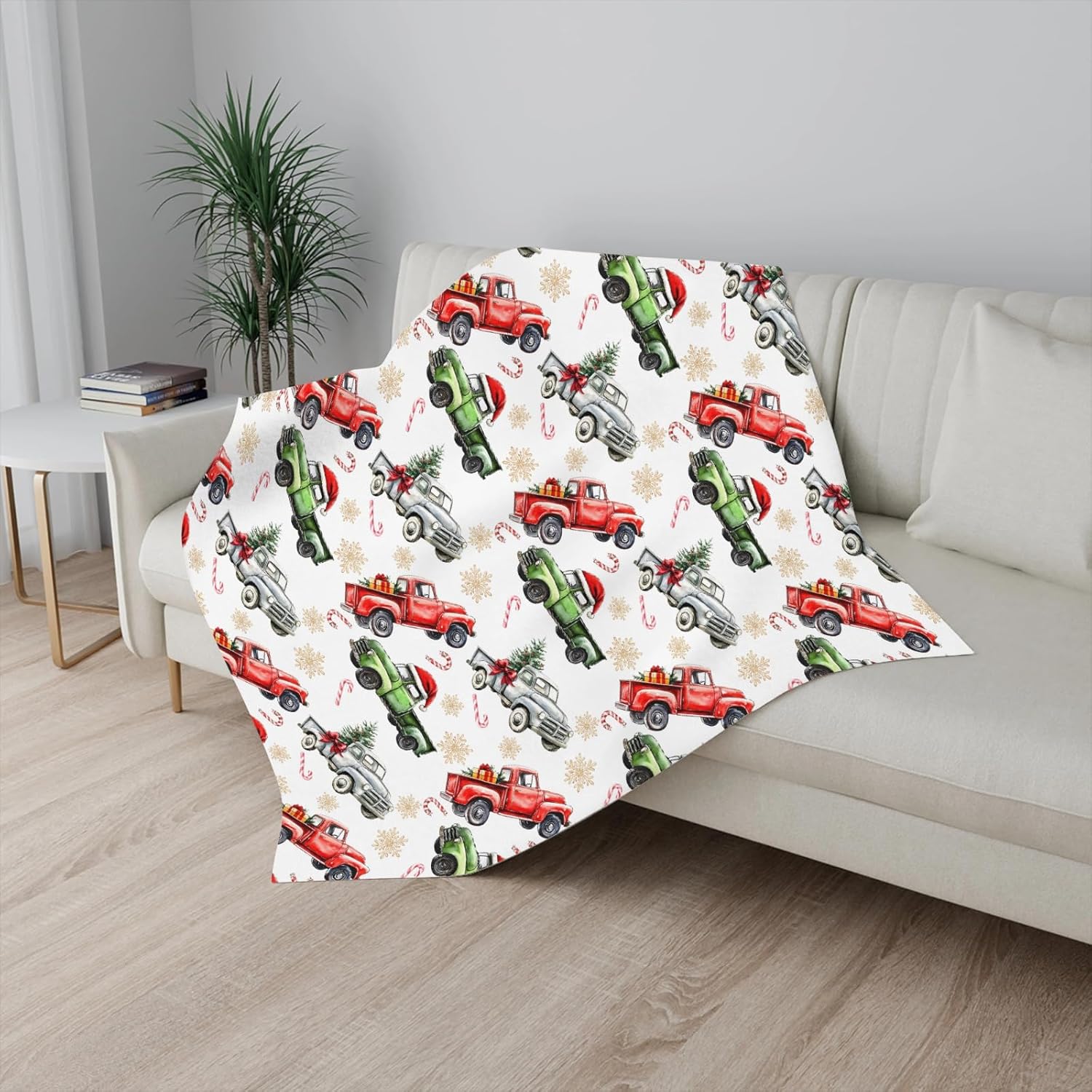 Vintage Christmas Trucks Pine Trees Candy Cane Baby Blankets for Boy Girl Retro Truck Santa Hat Snowflakes Gift Flannel Fluffy Blanket for Baby Toddler Blanket for Stroller Pine 50x60inch