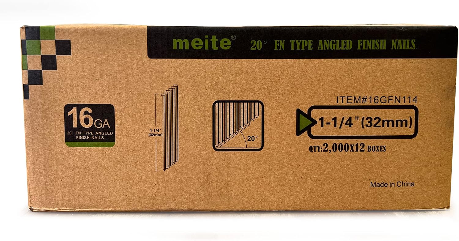 meite 16 Gauge 20 Degree Angled Finish Nails 1-1/4 Inch Galvanized Rust-Proof Finishing Nails for Electric or Pneumatic Finish Nailer - Cabinet Crown Baseboard Trim & Molding (24,000 PCS)