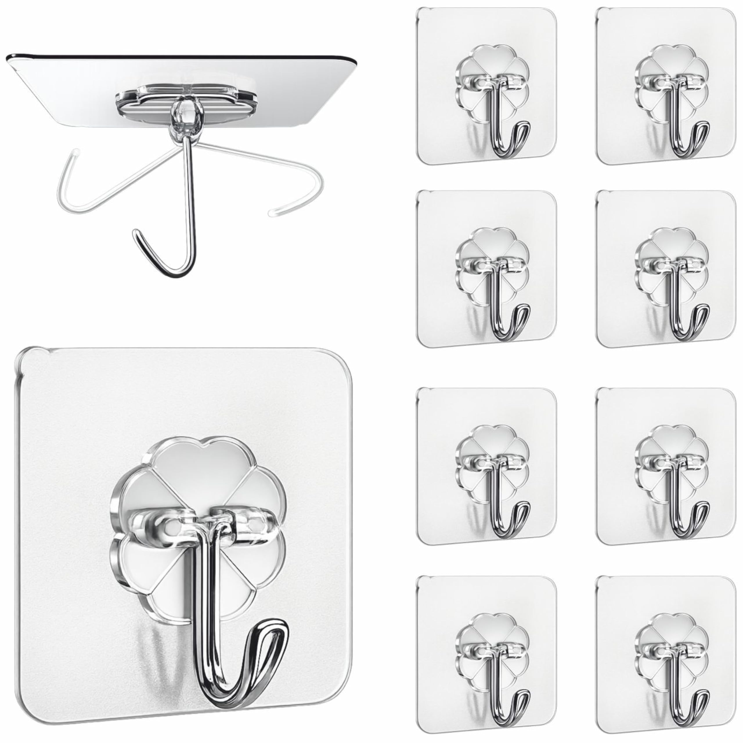 JIALTO 10 Pcs Wall Hanging Hooks for Without Drilling, Self Adhesive Hooks for Wall Heavy Duty Strong Nail Free, Kitchen Accessories Items, Transparent - 5kg Weight Capacity