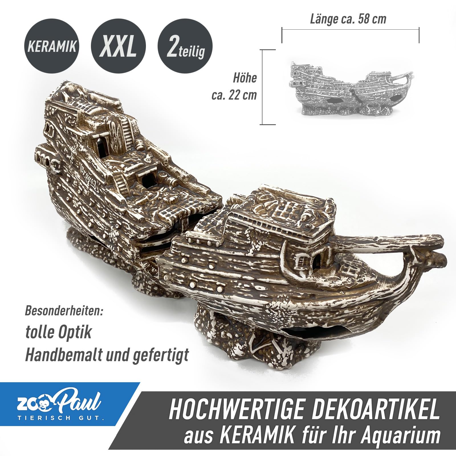 ZooPaul Deko Aquarium Boot 2 teilig RIESIG XXL Höhle Wrack Fische Keramik Dekoration Schiff Neuware