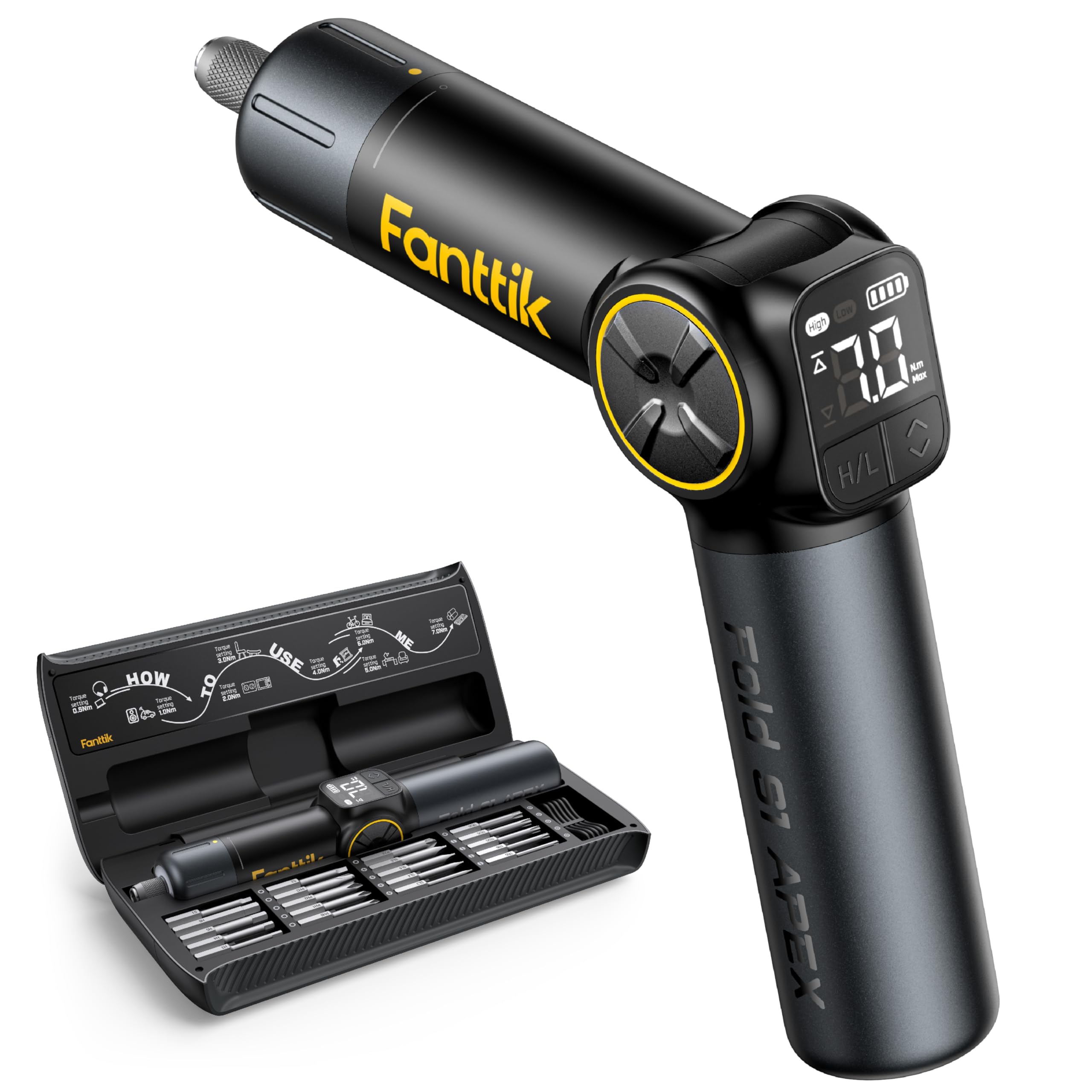 Fanttik S1 APEX Electric Screwdriver, Multi-Angle Handle, 8 Stage Dolk Settings, 0.5 - 7N.m, Forward and Reverse Switching, Type-C Rechargeable, 3.7 V, 2 Speeds, 20 Bits, Large Capacity Battery