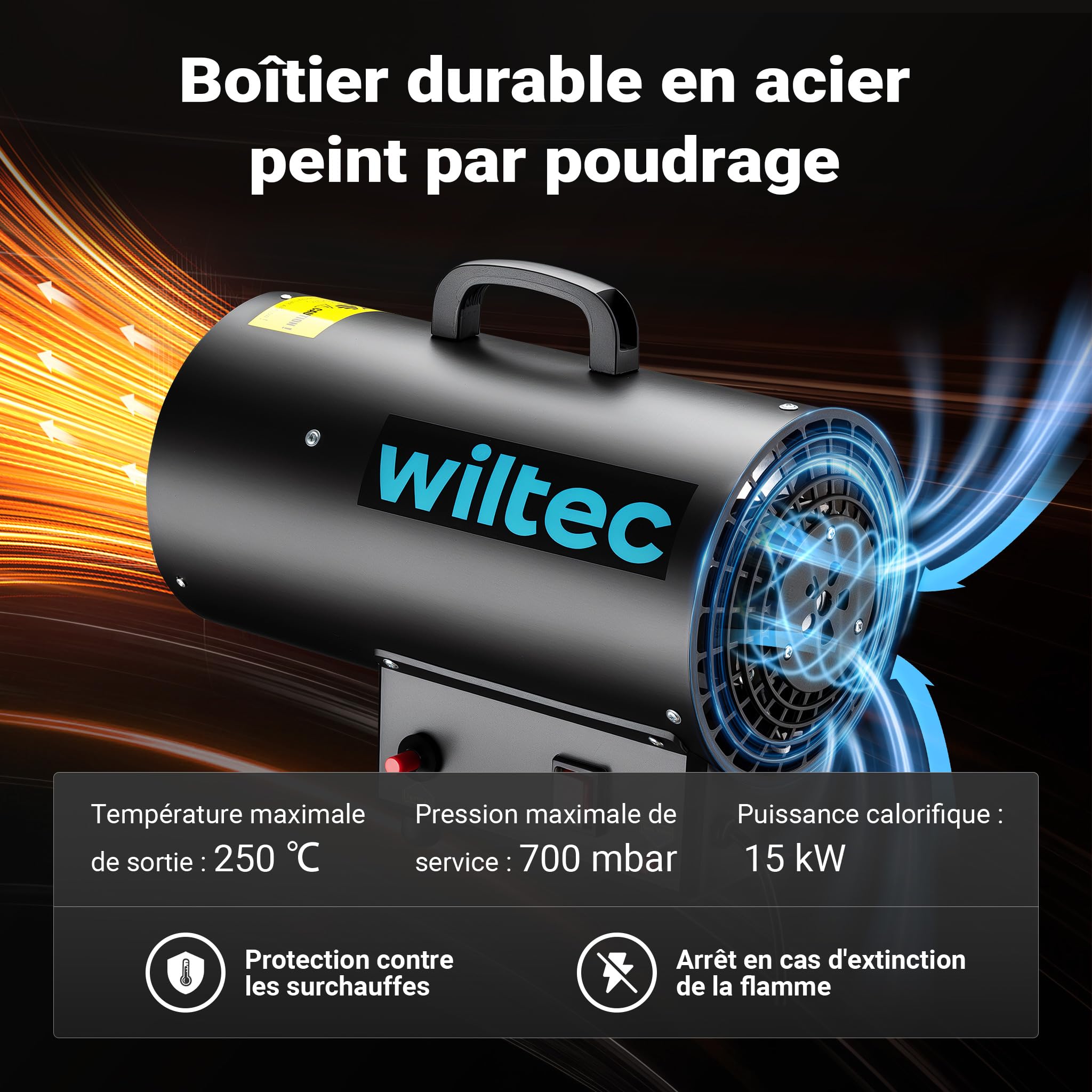 Wiltec Générateur de chaleur – Puissance calorifique 15 kW, moteur 30 W – Débit d’air 320 m³/h – Fonctionnement sur gaz GPL – avec régulateur et tuyau – Canon air chaud