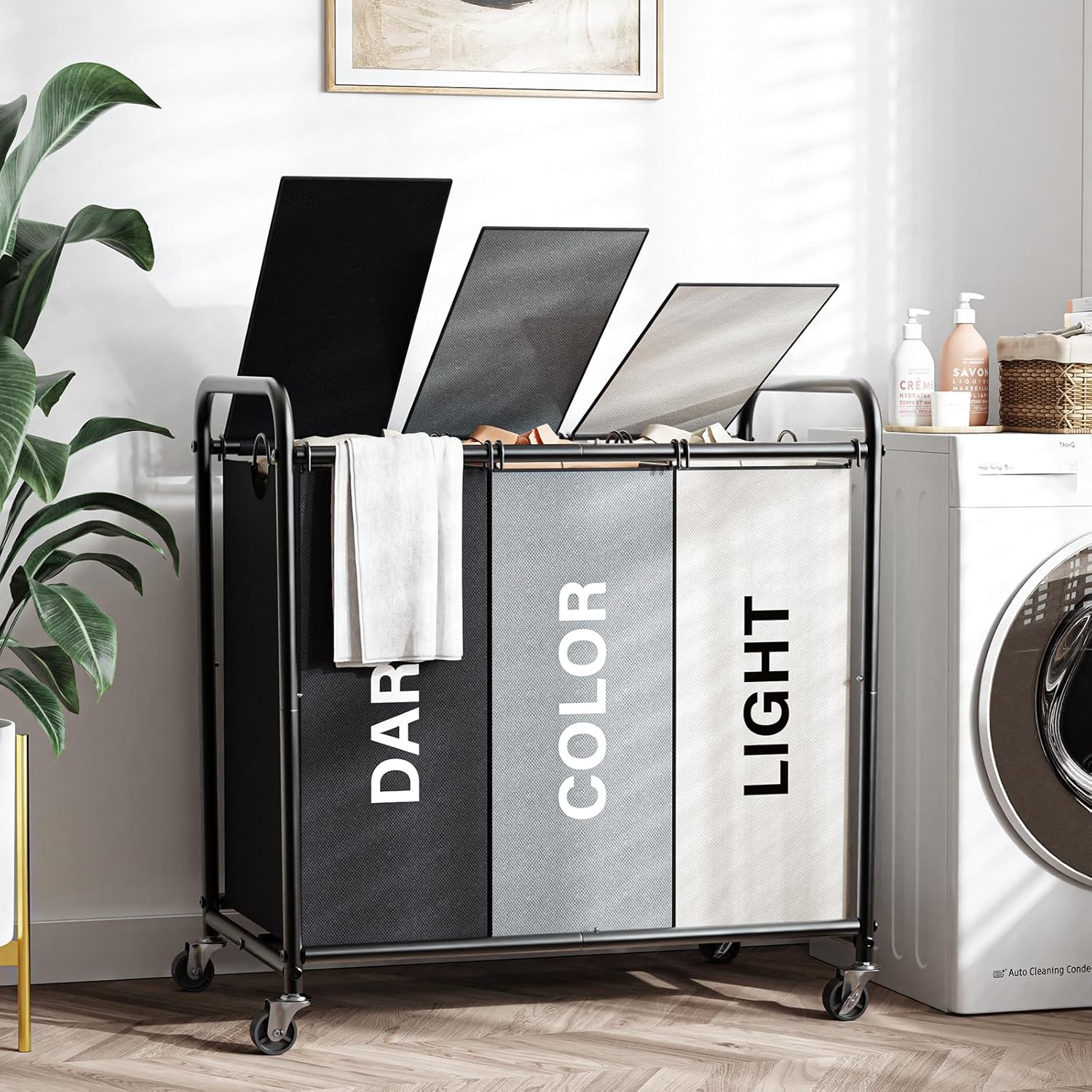 Laundry Sorter 3 Section with Lid Laundry Basket with Wheels, Made of Oxford Cloth and Metal Tubing, Large Capacity with Removable Laundry Bag for Laundry Rooms, Dormitories and Homes (Mixed, 180L)