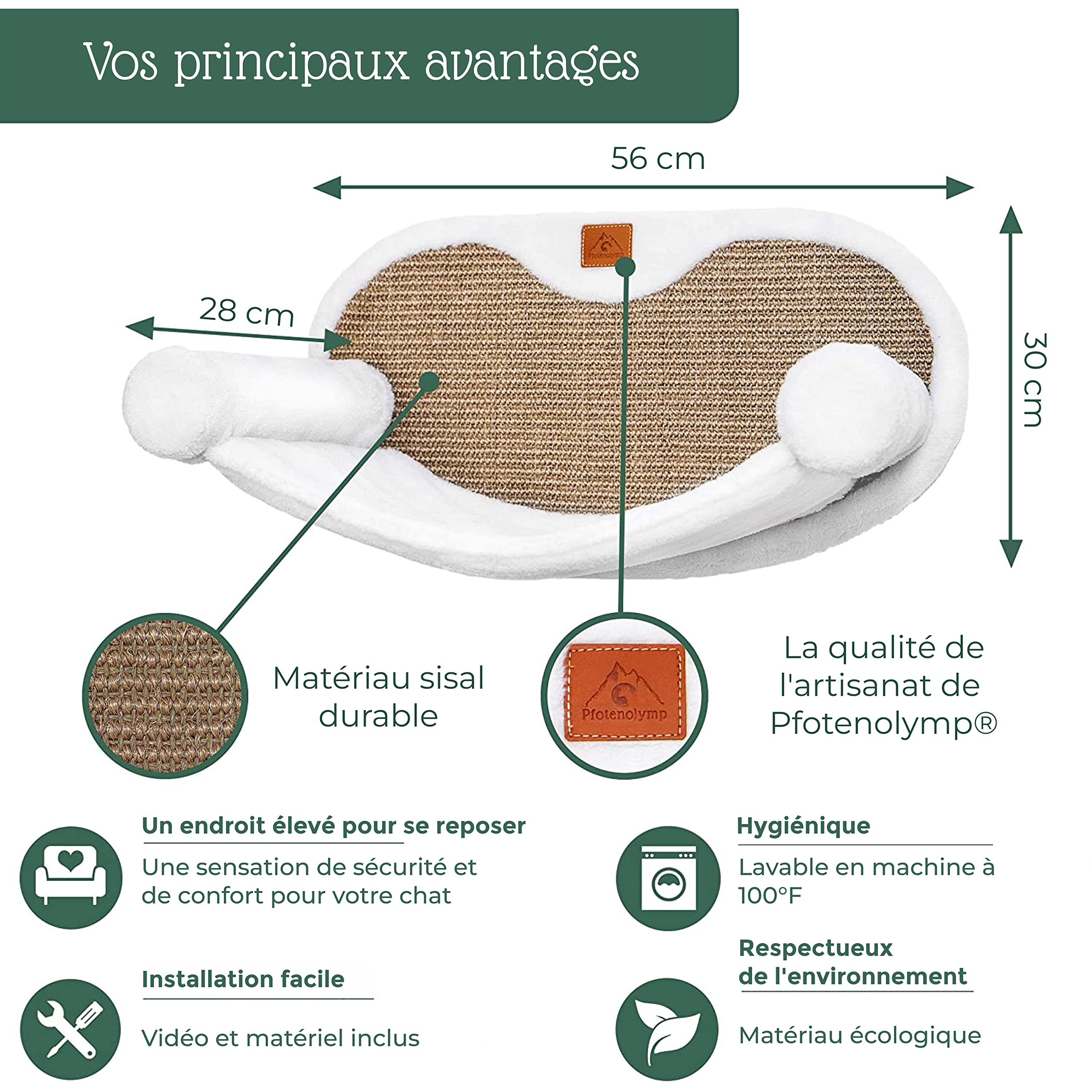 Pfotenolymp® Hamac pour Chats Stable avec Fixation Murale pour Chats jusqu'à 10 kg | Lit Suspendu Set Complet | Lit de Chat Niche de Couchage