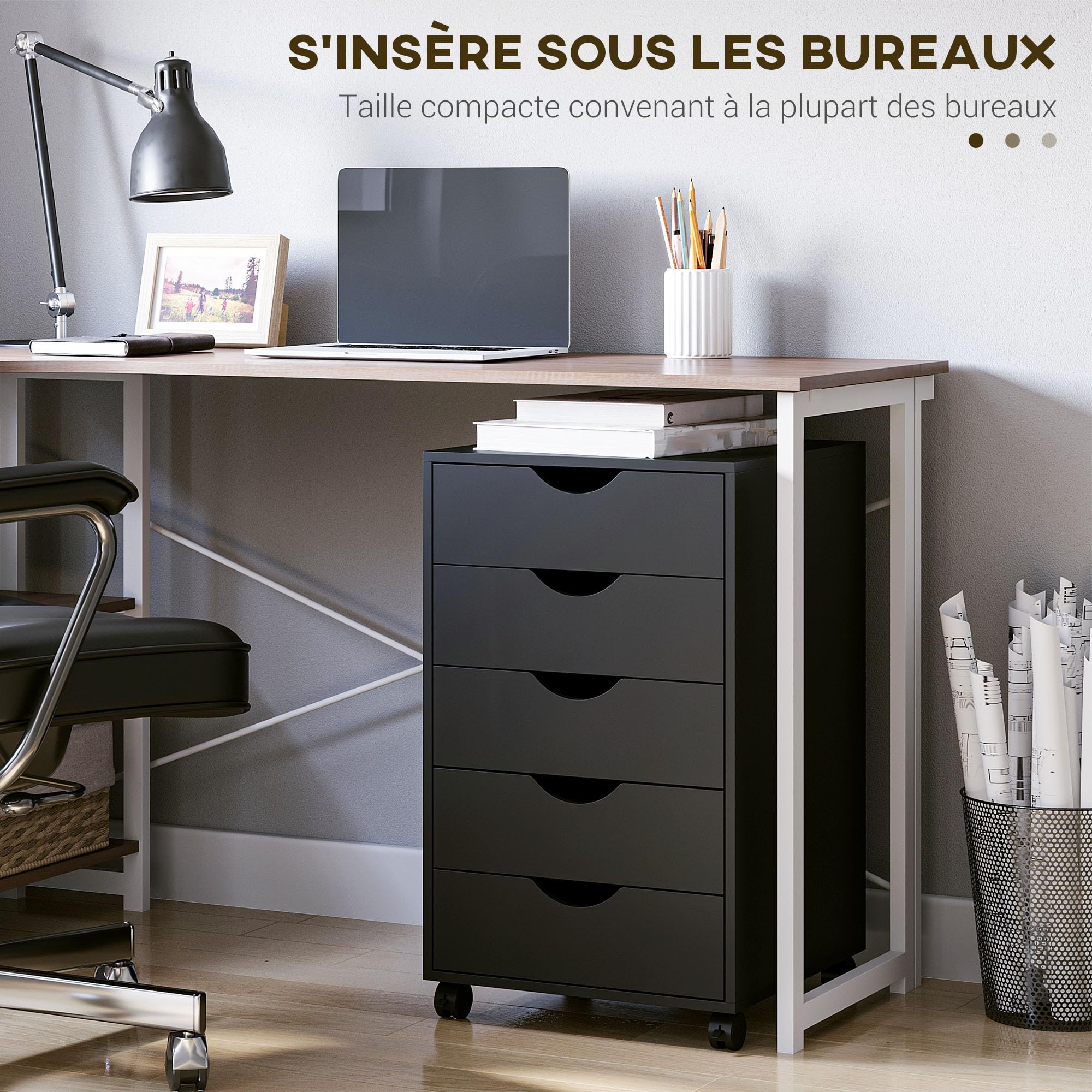 HOMCOM Caisson bureau mobile avec 5 tiroirs, meuble rangement bureau sur roulettes pour documents et imprimante, caisson de rangement compact pour travail ou chambre, 40 x 40 x 67 cm, noir