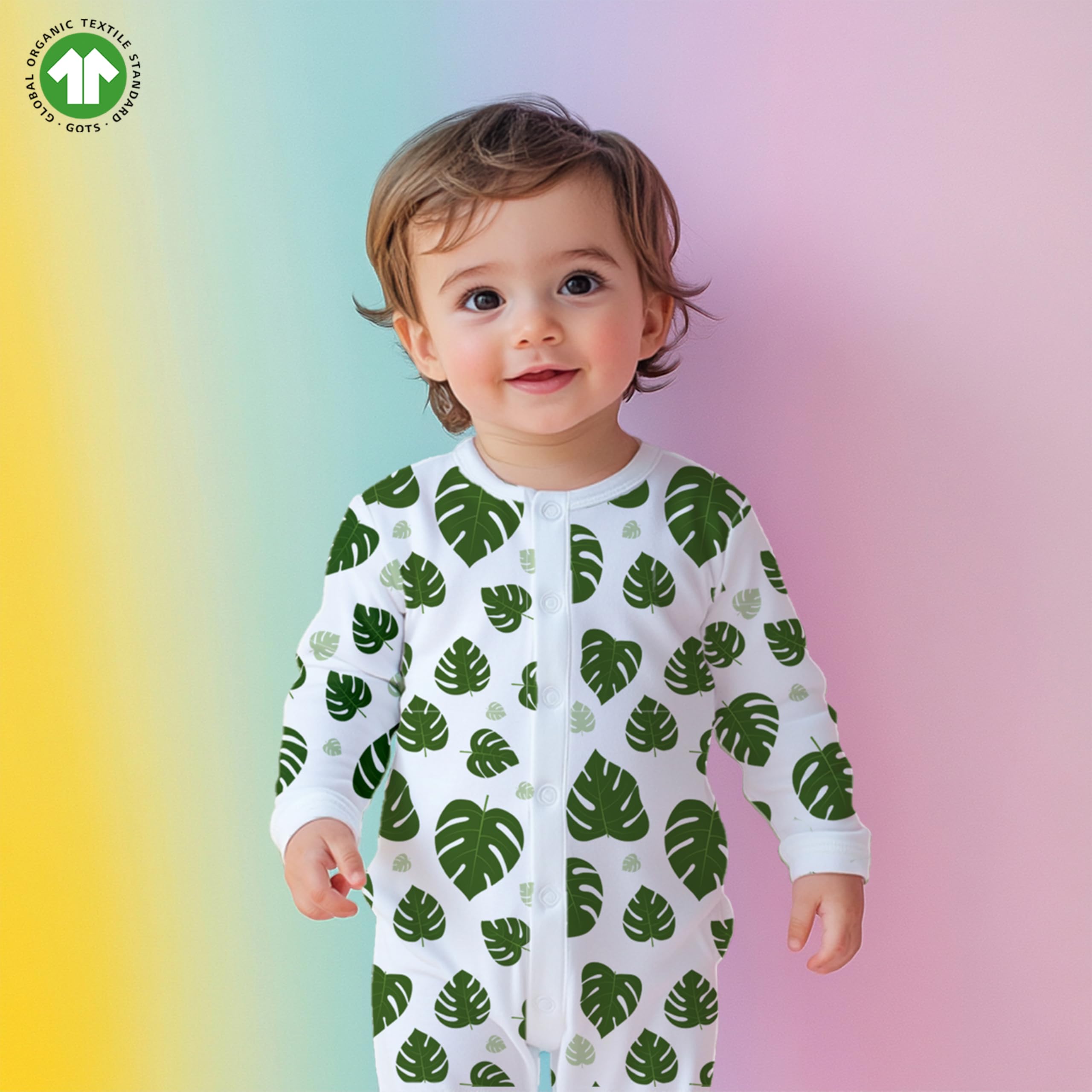 Kidbea® 100% Cotton Rompers Jumpsuit Night Suits for Infants Newborn Baby Boys & Girls Leaf Printed With Green Color Size 3-6 Months - Image 3 thumbnail