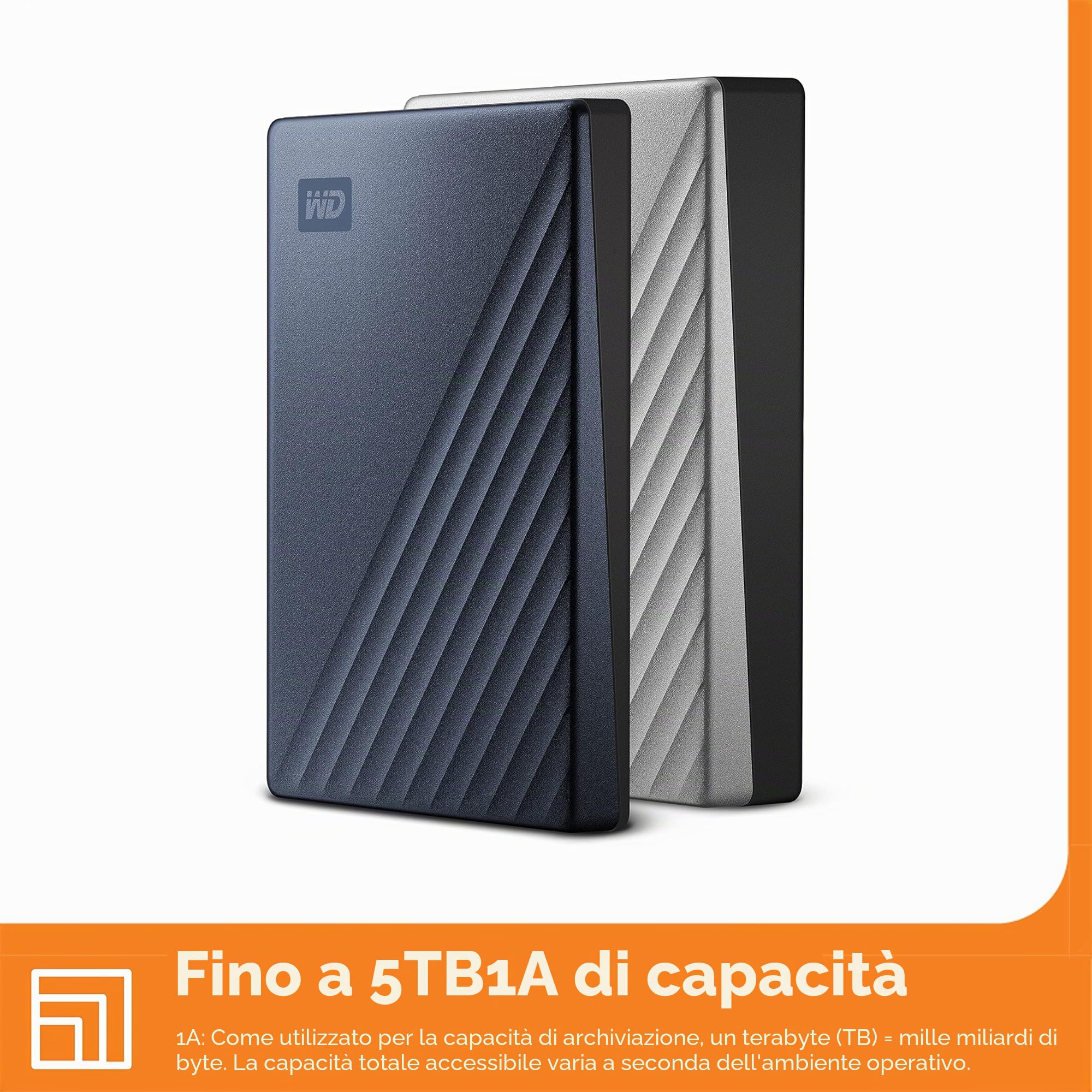 WD 4TB My Passport Ultra Hard Disk Esterno Portatile, USB-C, USB 3.2 Gen 1/USB 3.0, Protezion con password, Software per la gestion e il backup, Formatto per Windows, Blu Notte