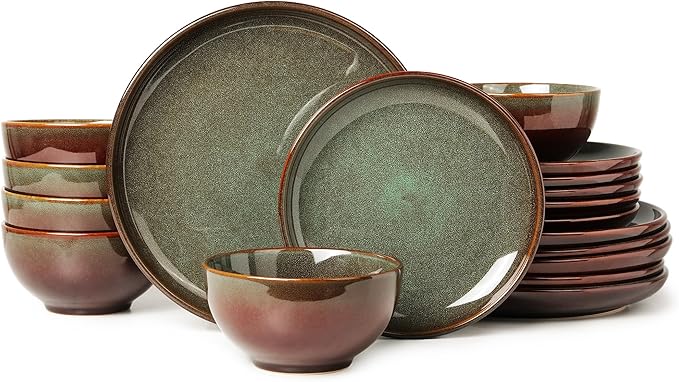 Stoneware Dinnerware Sets for 6, 18 Pieces Ceramic Plates and Bowls Sets, Chip and Scratch Resistant Dish Set, Dishwasher & Microwave Safe Plate Set, Brown Green