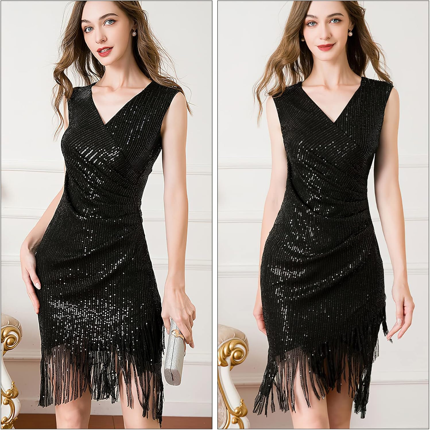 PLULON 1920s Sequin Beaded Fringed Dress with Roaring 20s Accessories Set V Neck Gatsby Dress with Feather Headpiece