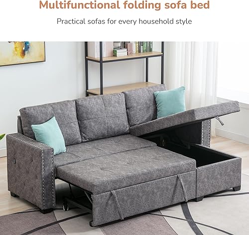 Miniatura 5 de SIYAHOME Cama de almacenamiento en forma de L, sofá modular extraíble con tapizado con ribete de cabeza de clavo, sofá de 3 plazas para sala de
