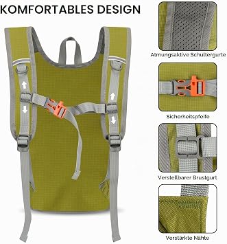 Wanderrucksack Klein 13L Faltbarer Rucksack Damen Herren Tagesrucksack Daypack Ultraleicht Trekkingrucksack Reiserucksack Packable Hiking Backpack für Outdoor Wandern Reisen Grün
