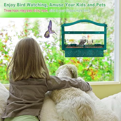 Miniatura 4 de Comedero para pájaros de ventana para exteriores, comederos metálicos para pájaros con cadena para colgar, 3 hojas adhesivas, 2 tazas de agua y