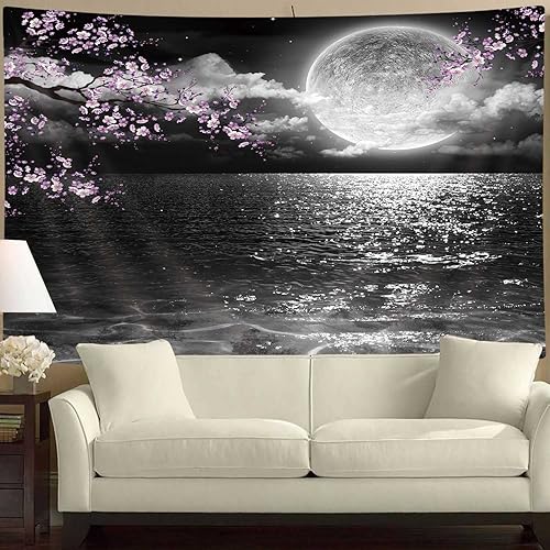 Miniatura 8 de JAWO Tapiz de luna y océano, tapiz de anime asiático genial para colgar en la pared, arte japonés con flores de cerezo, tapiz natural para
